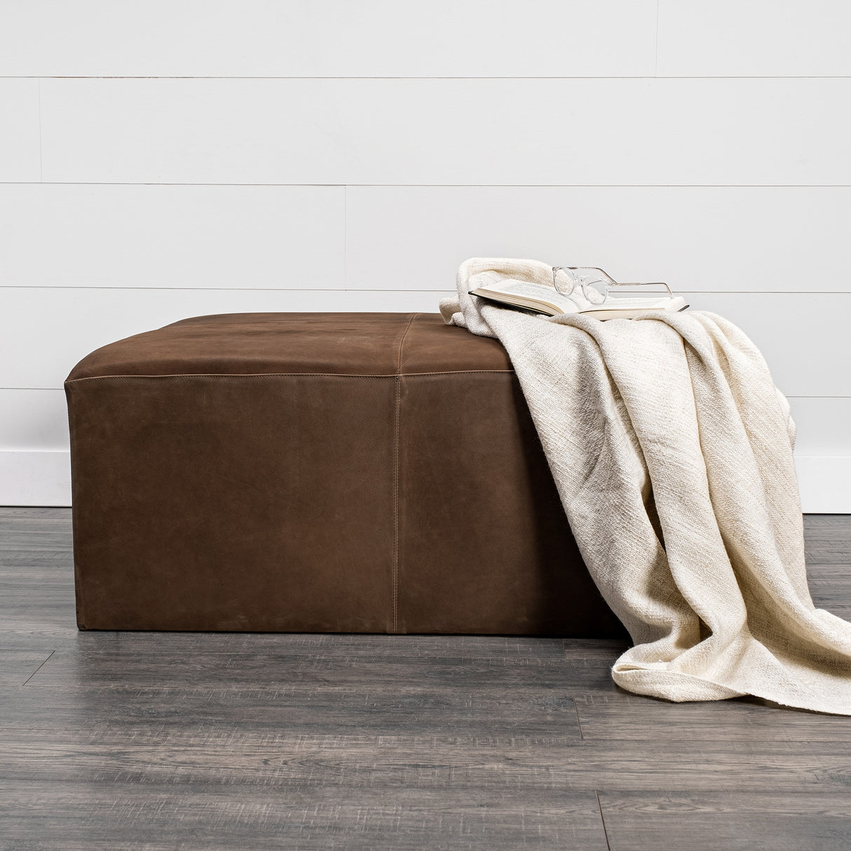 Minara 36" Square Brown Leather Wrapped w/Wood Base Ottoman from Mercana - Luna Furniture