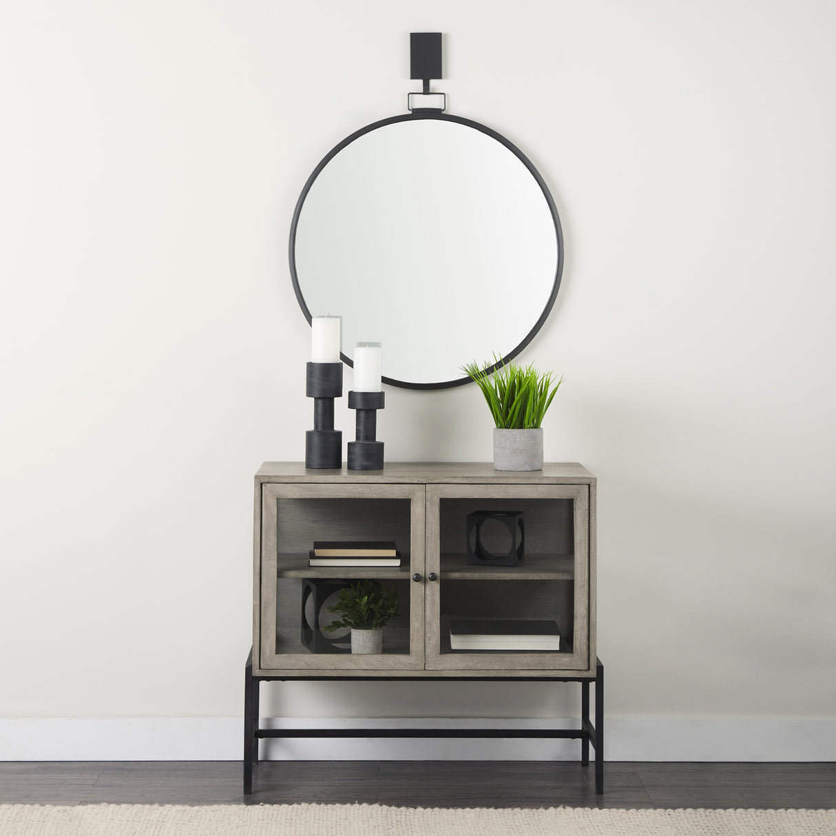Arelius 36L x 18W x 32H Gray Wood, Black Metal Base w/ 2 Glass Doors Accent Cabinet from Mercana - Luna Furniture