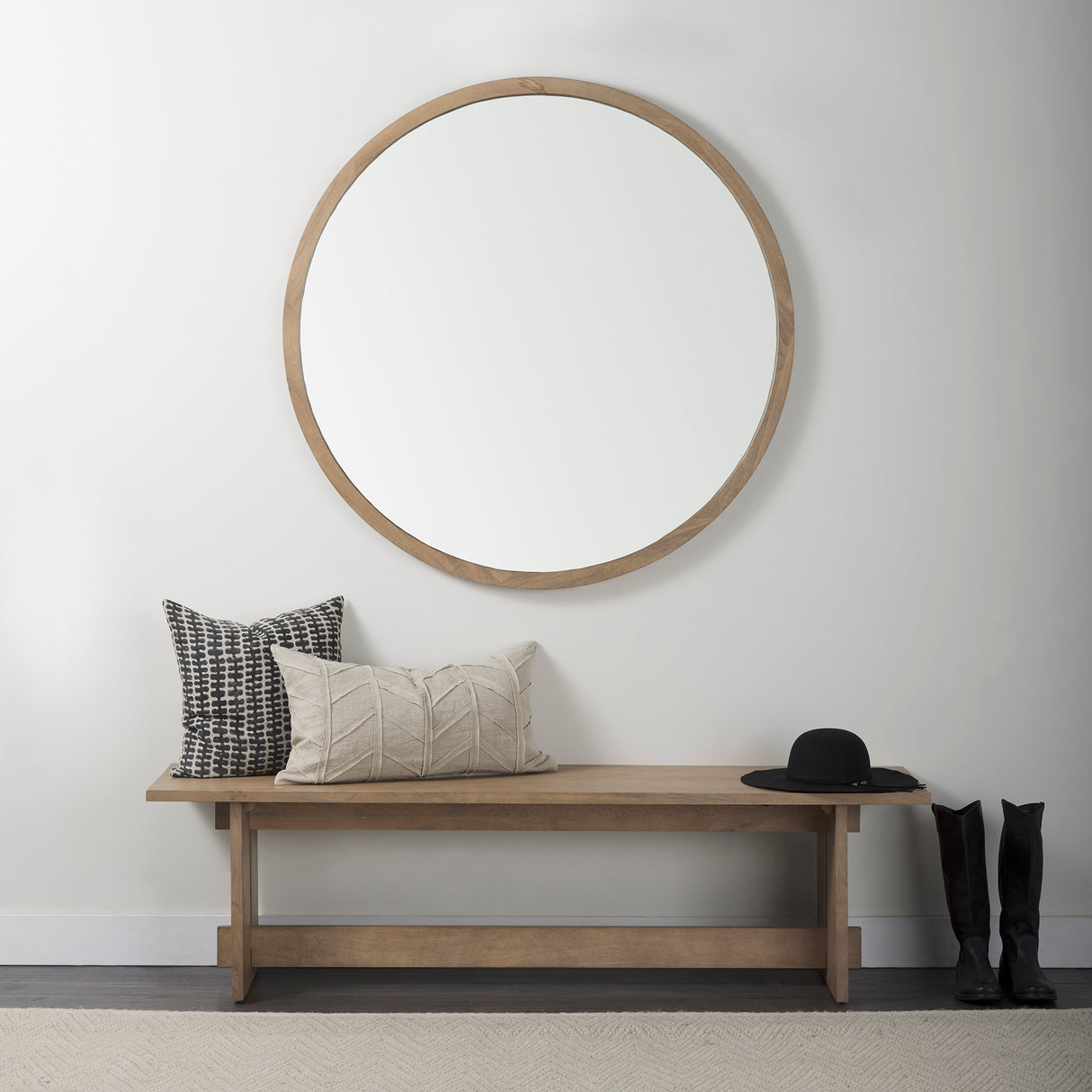 Gambit 46" Round Light Brown Wood Frame Wall Mirror from Mercana - Luna Furniture