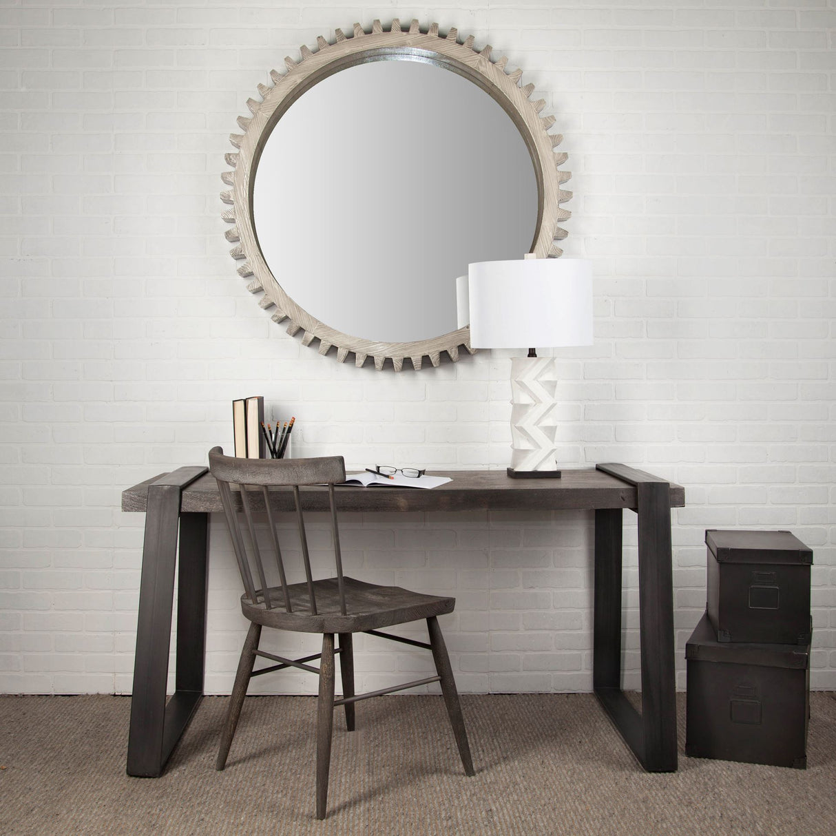 Cog Mirror 44" Round Gray Wood Frame Mirror from Mercana - Luna Furniture