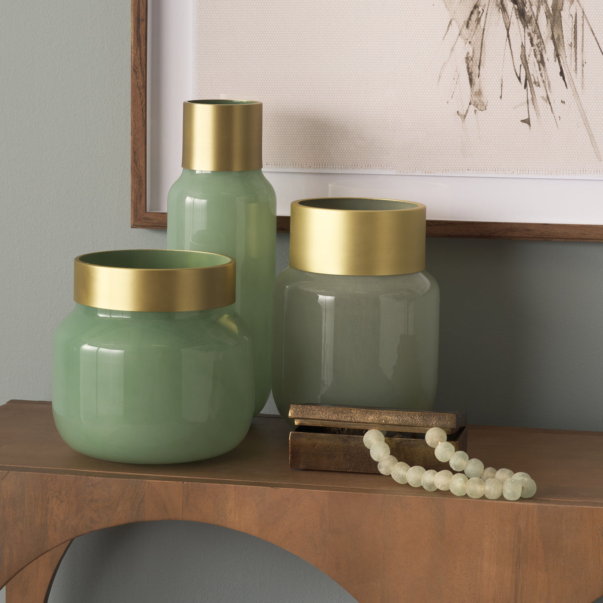 Minty 5.7L x 5.7W x 16.8H Green Glass Vase W/Matte Gold Metal Neck Cuff from Mercana - Luna Furniture