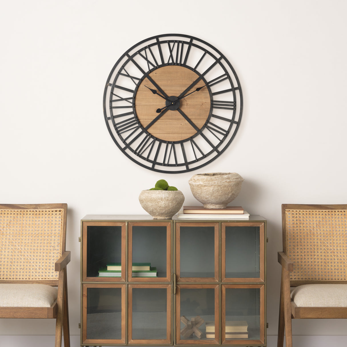 Lewiston 30.1L x 2.0W x 30.1H Black Iron W/Wood Round Wall Clock from Mercana - Luna Furniture