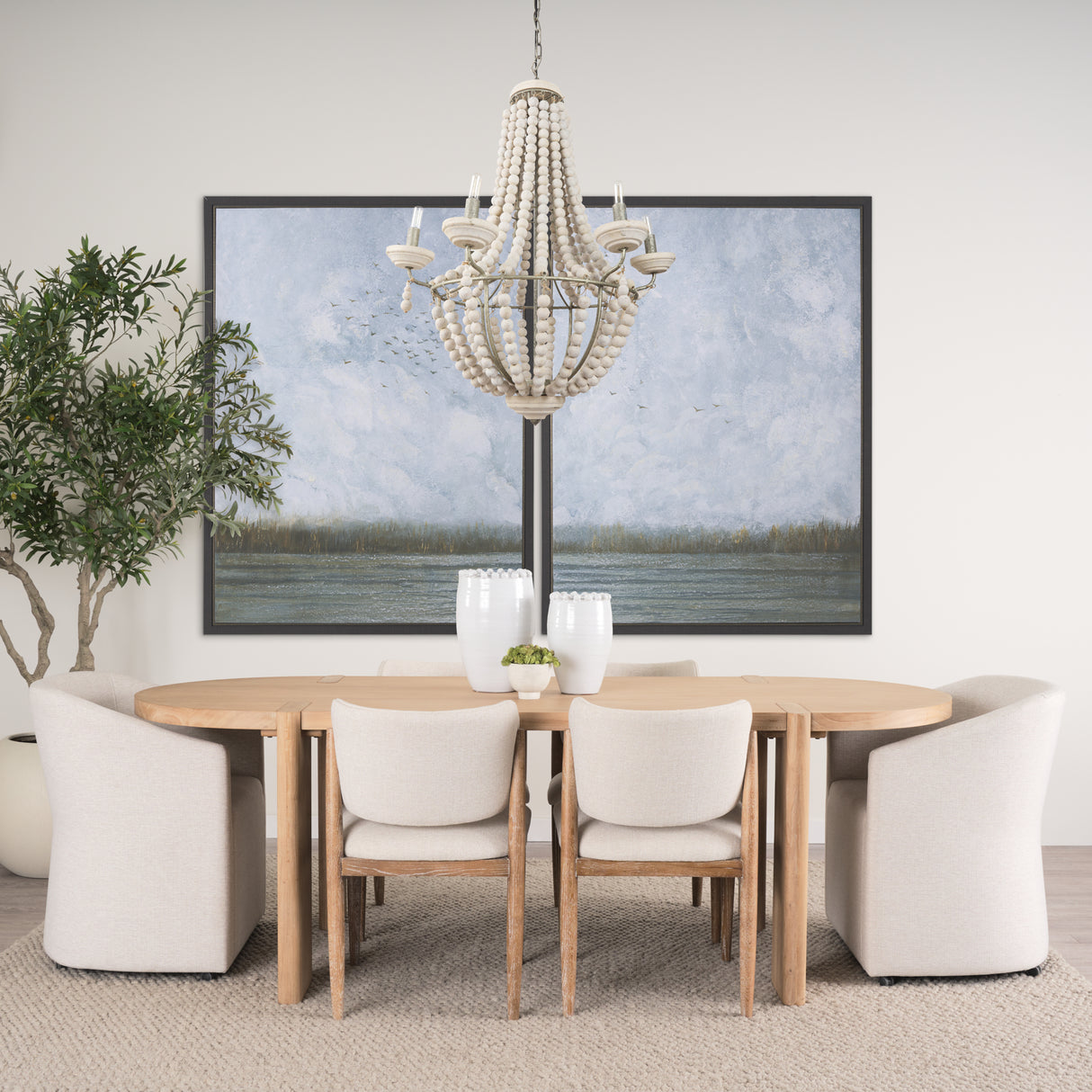 Phillum (29"x37") Silver Metal Chassis and White Wood Beaded Six Bulb Chandelier from Mercana - Luna Furniture