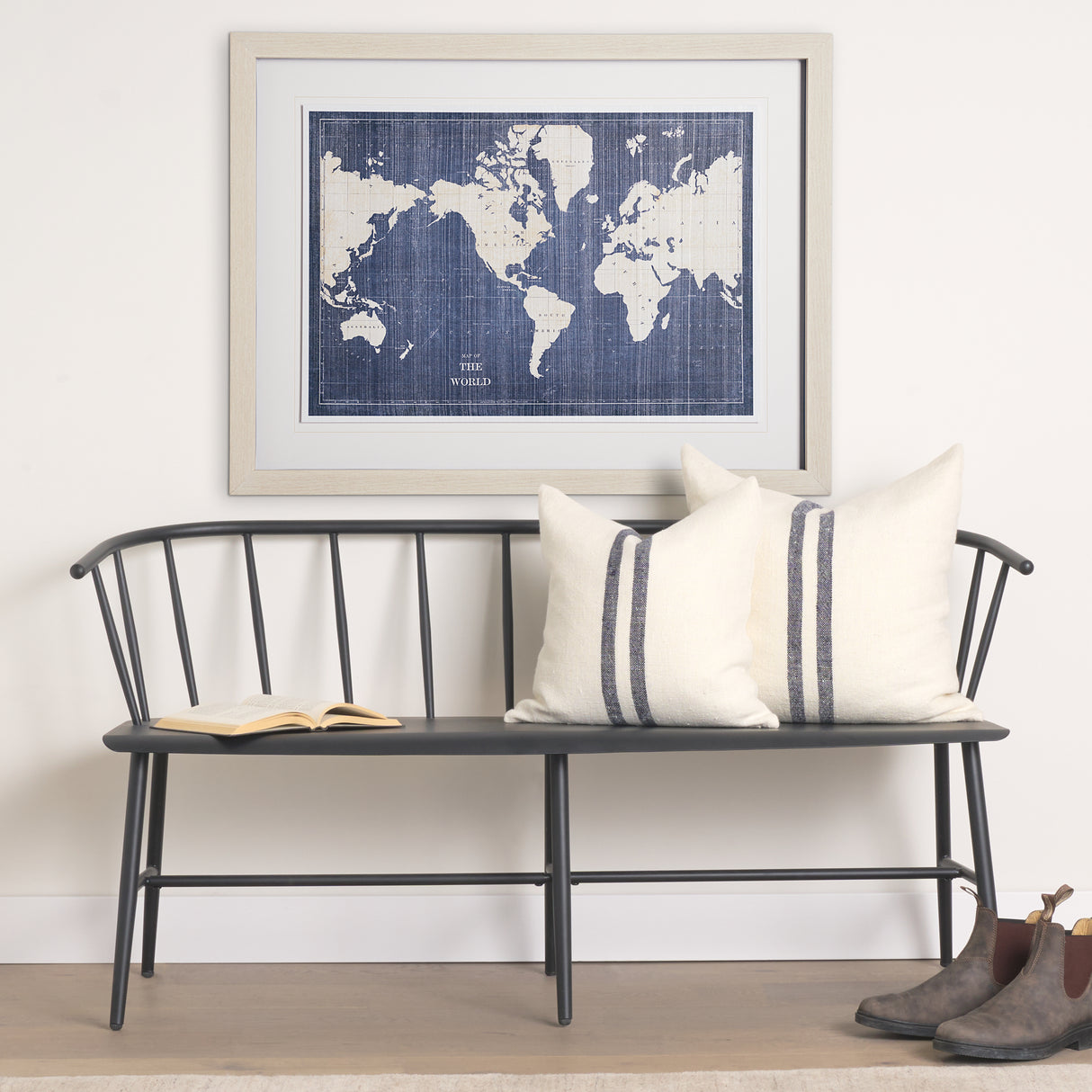 Blueprint World Map by Sue Schlabach a Hand Embellished Textured Framed Art Print Matted under Glass from Mercana - Luna Furniture