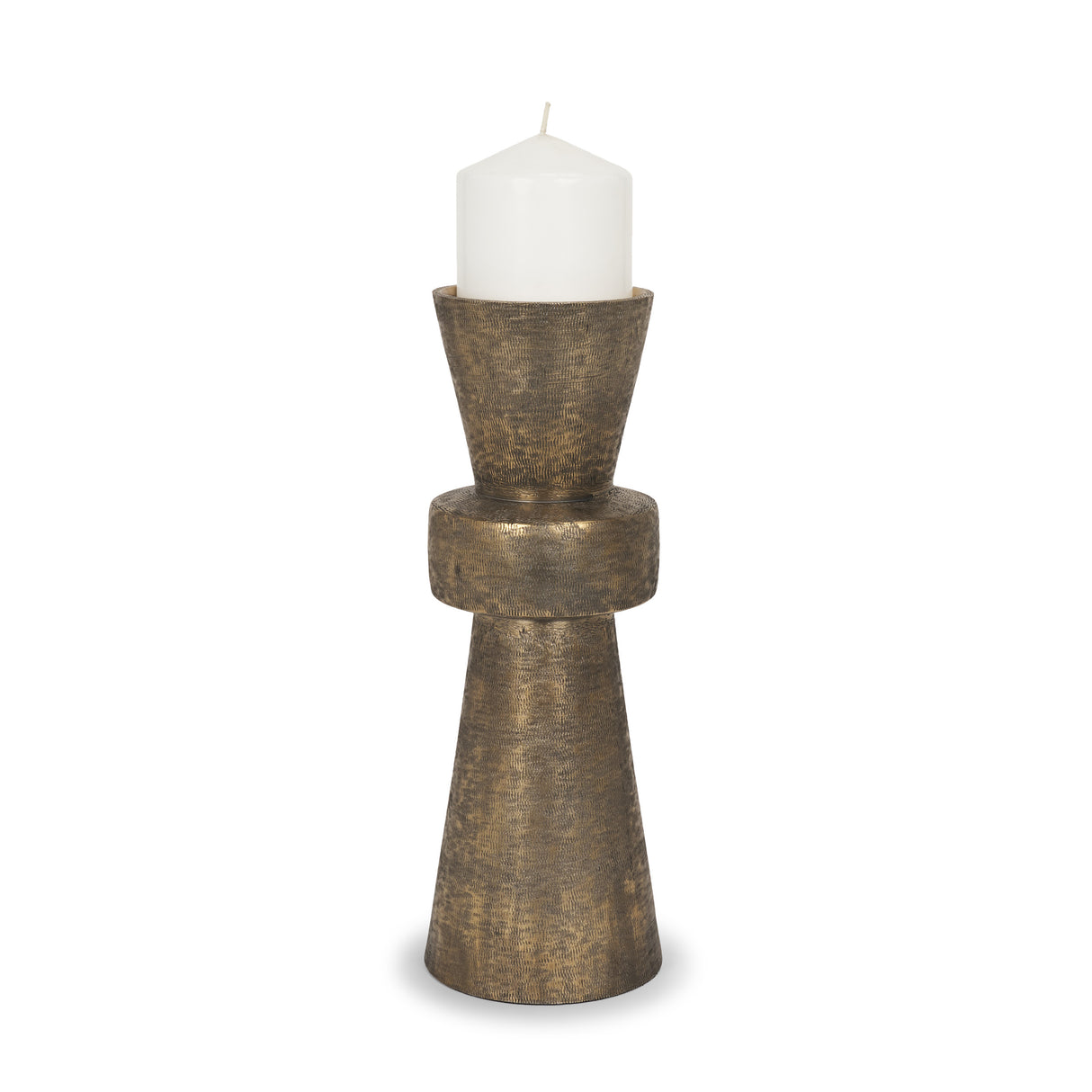 Odilia Large Textured Antiqued Gold Metal Geometric Pillar Candle Holder from Mercana - Luna Furniture