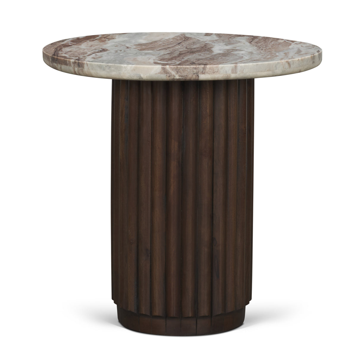 Marbrello Pink Marble Top Espresso Brown Fluted Wood Round Side Table from Mercana - Luna Furniture