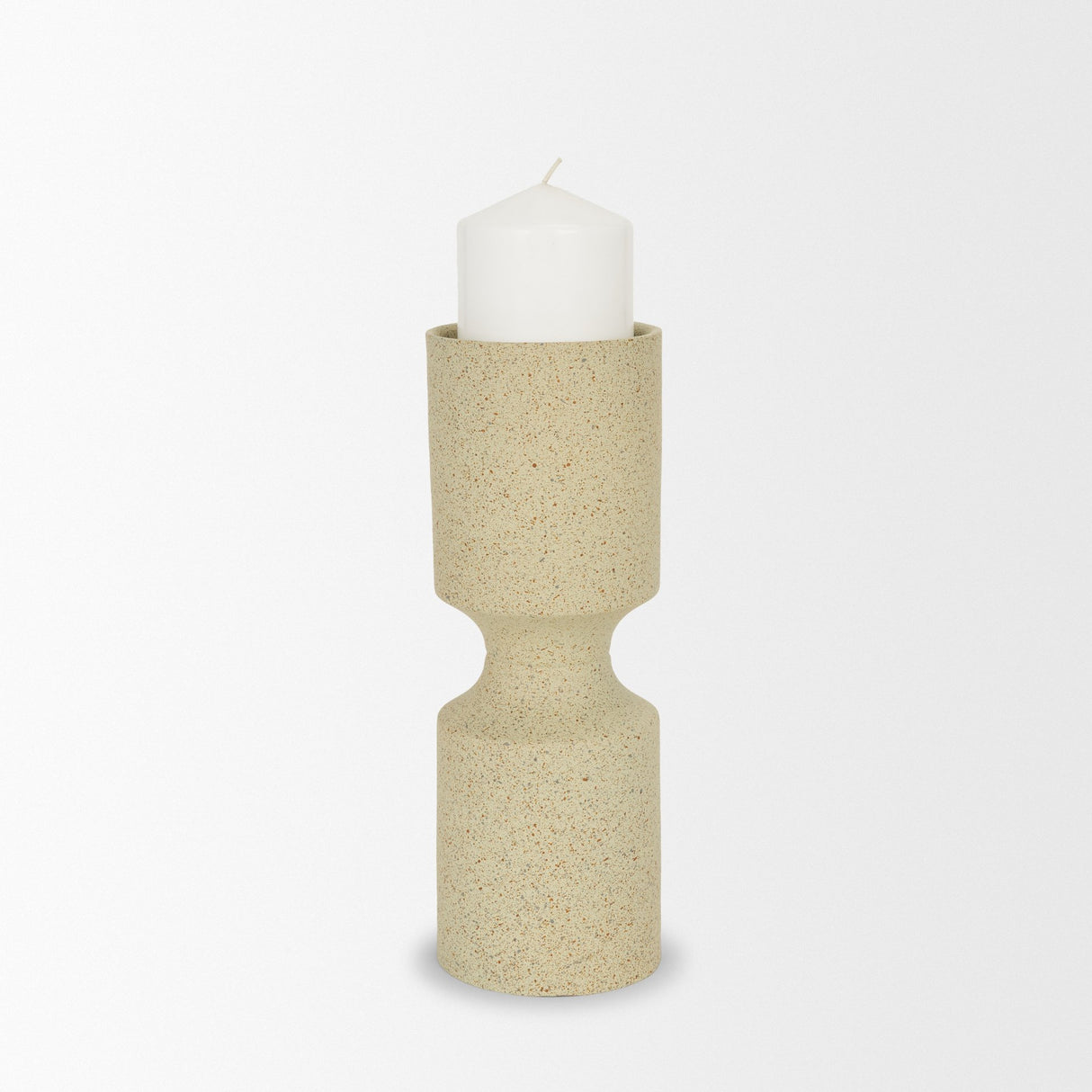 Akira Small Textured Beige Metal Pillar Candle Holder from Mercana - Luna Furniture