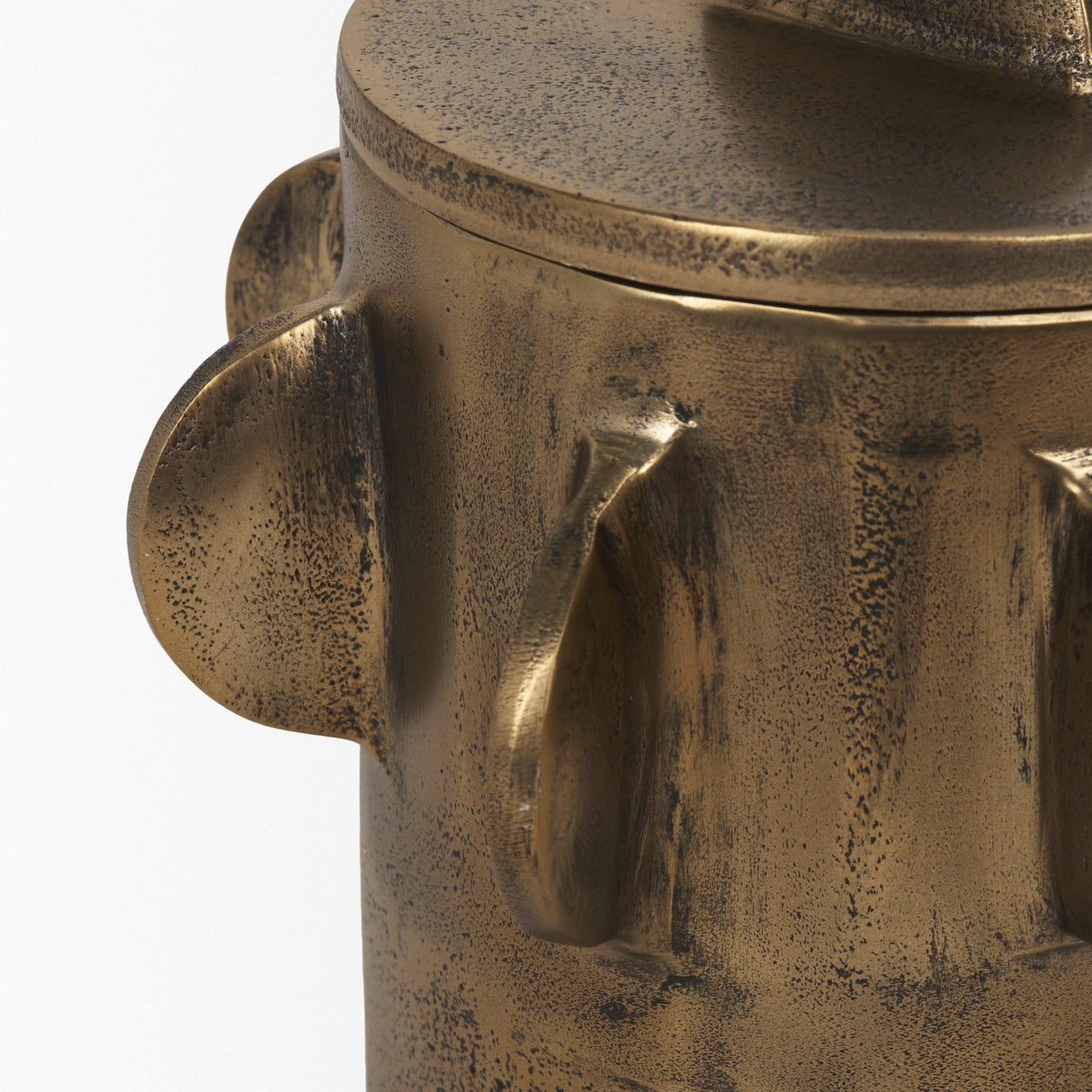 Deacon Small Antiqued Gold Metal Canister with Sculptural Handles from Mercana - Luna Furniture