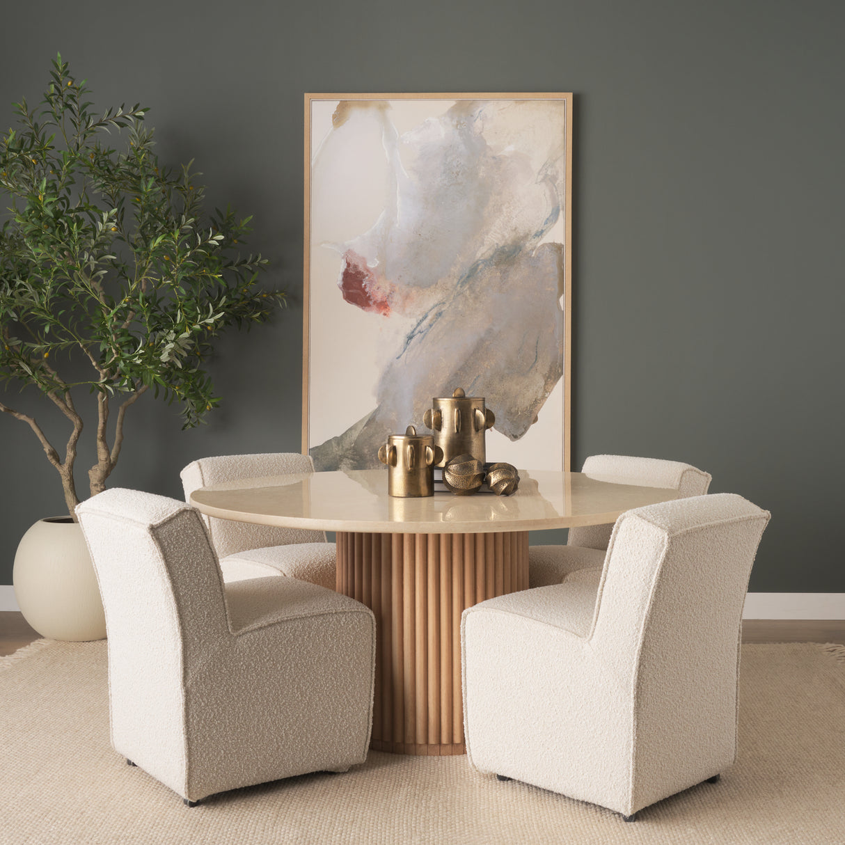 Marbrello 60" Botticino Marble Top Light Brown Fluted Wood Round Dining Table from Mercana - Luna Furniture
