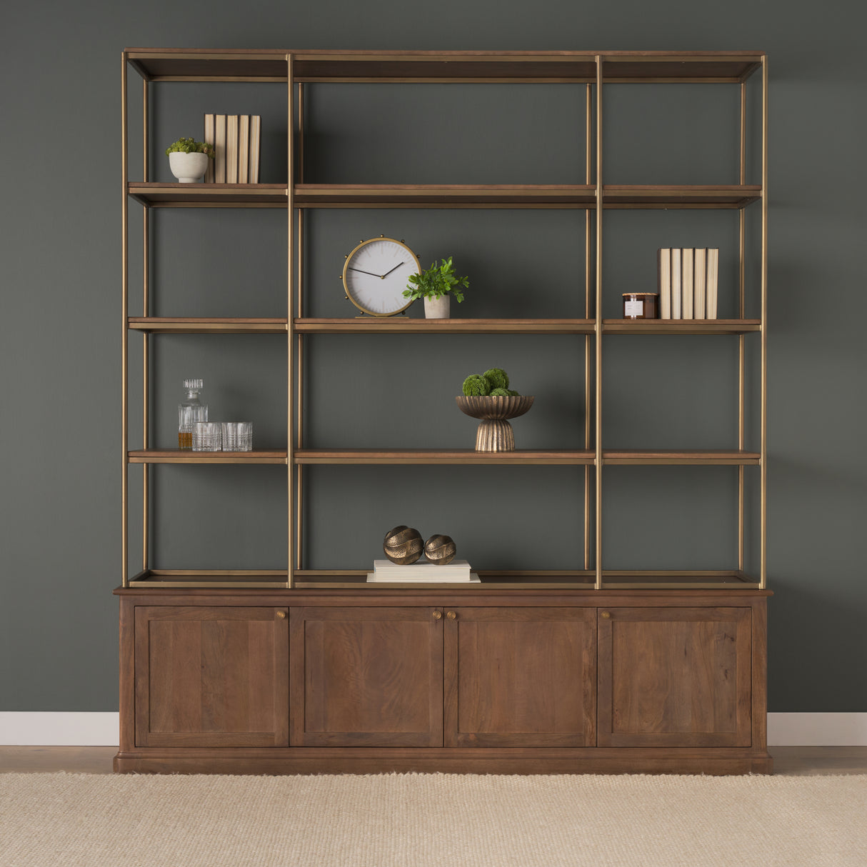 Baron 4-Door Dark Brown Wood w/ Antique Brass Metal Open Shelving Unit from Mercana - Luna Furniture