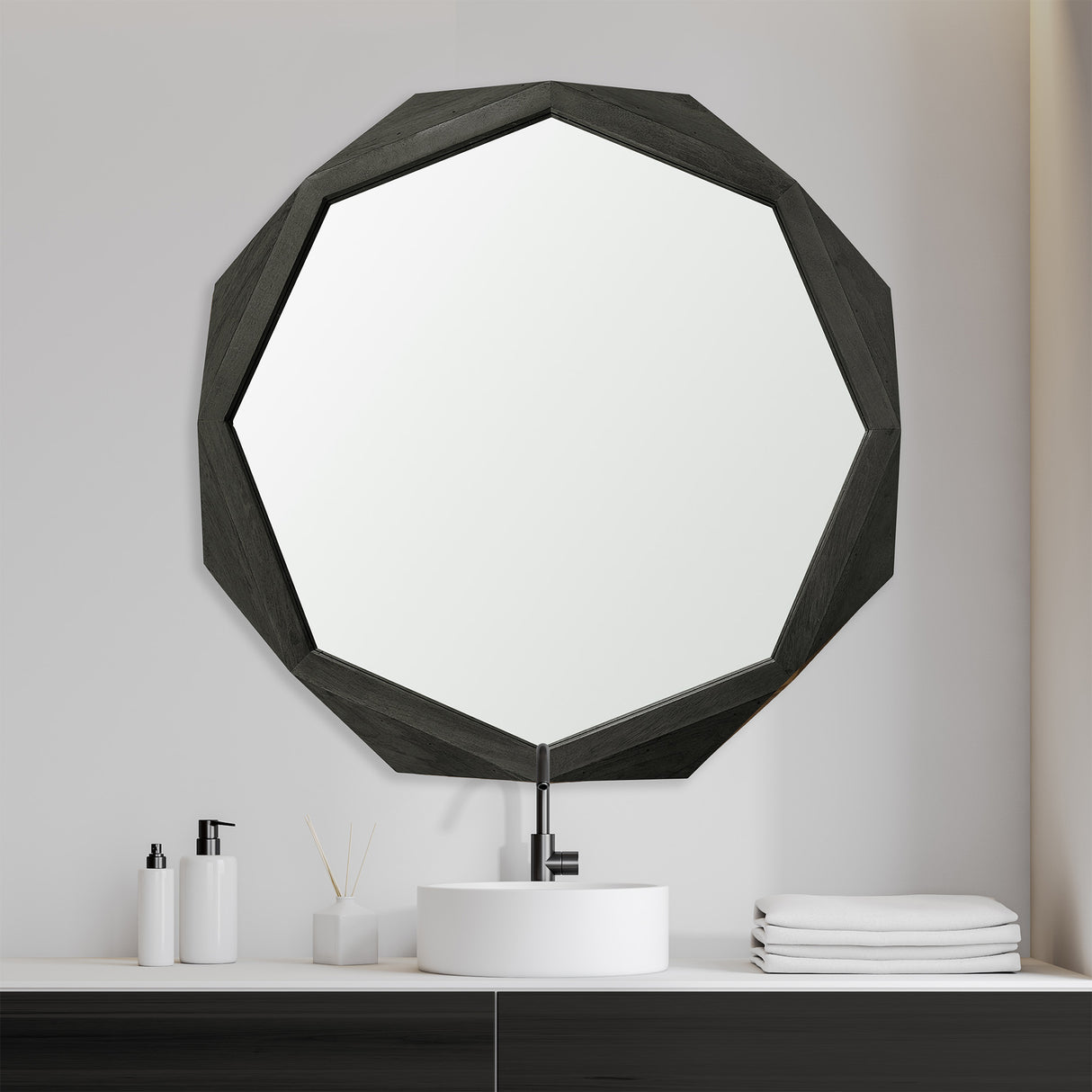Aramis II 41L x 41H Octagon Black Wood Frame Wall Mirror from Mercana - Luna Furniture