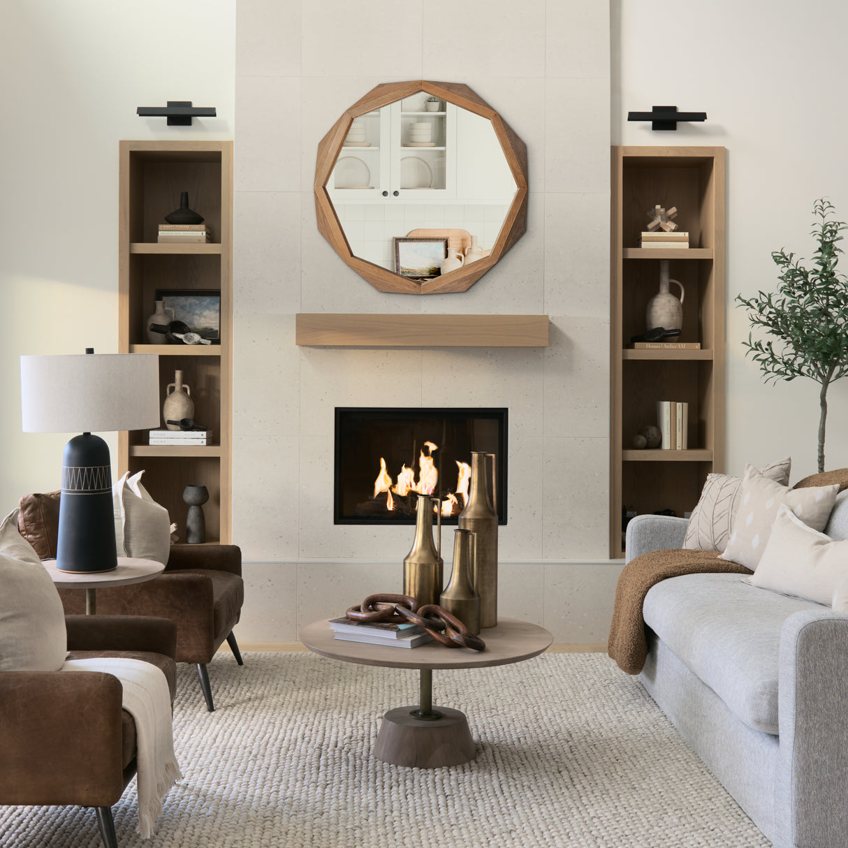 Aramis II 41L x 41H Octagon Brown Wood Frame Wall Mirror from Mercana - Luna Furniture