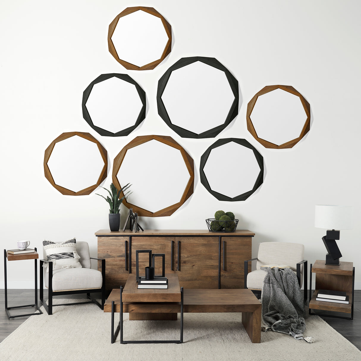 Aramis II 41L x 41H Octagon Brown Wood Frame Wall Mirror from Mercana - Luna Furniture