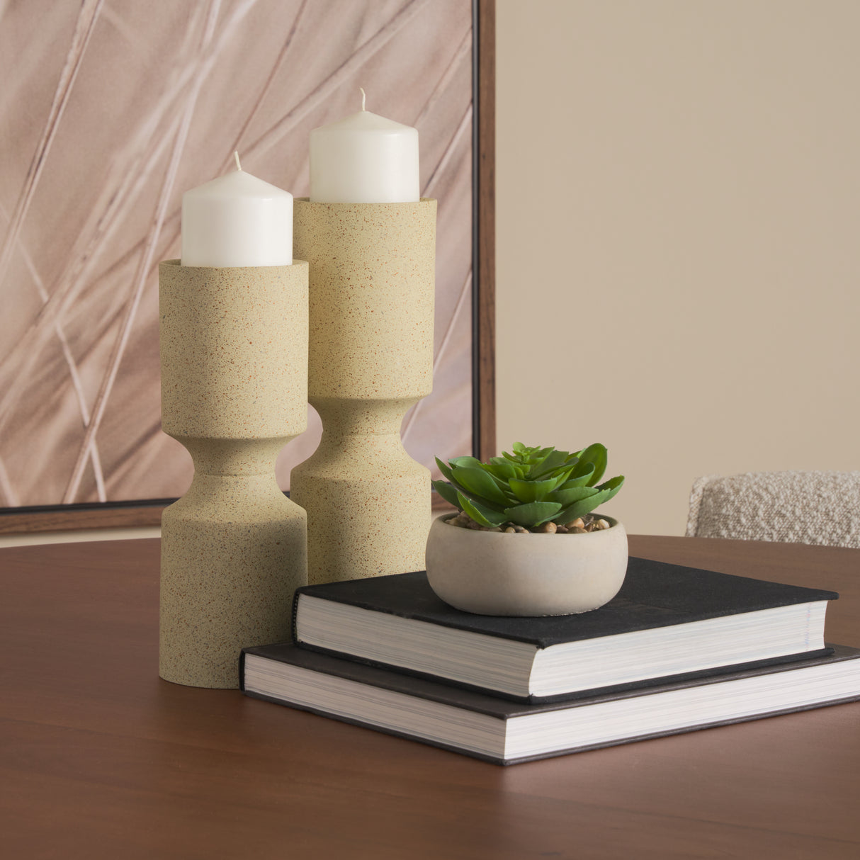 Akira Small Textured Beige Metal Pillar Candle Holder from Mercana - Luna Furniture