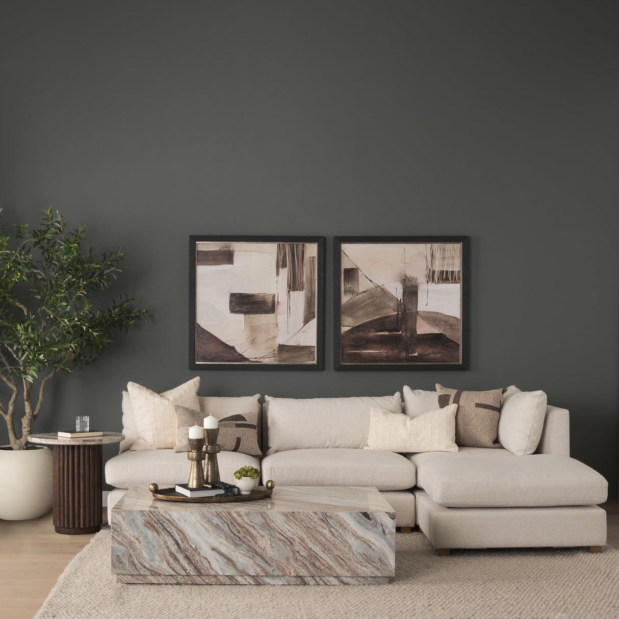 Marbrello Pink Marble Top Espresso Brown Fluted Wood Round Side Table from Mercana - Luna Furniture