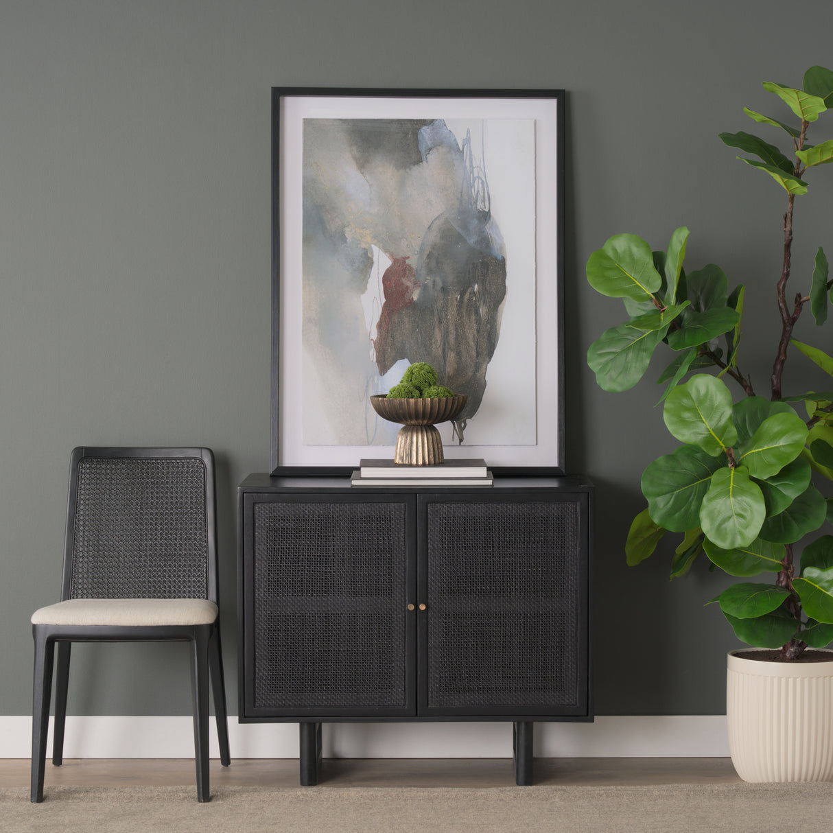 Grier Matte Black Stained Wood w/ Black Cane Accent Cabinet from Mercana - Luna Furniture