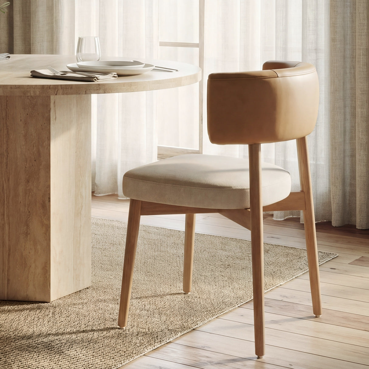 Motley Curved Open Back Cream Fabric and Tan Leather Dining Chair, Set of 2 from Mercana - Luna Furniture