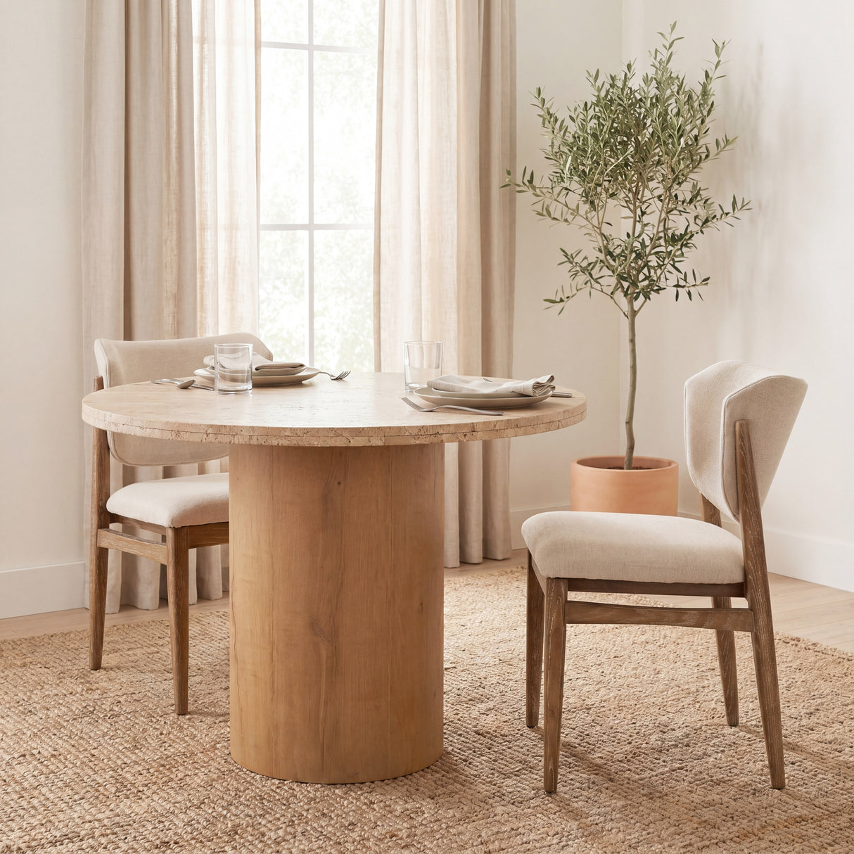 Cline Cream Fabric Upholstered and Light Brown Wood Dining Chair, Set of 2