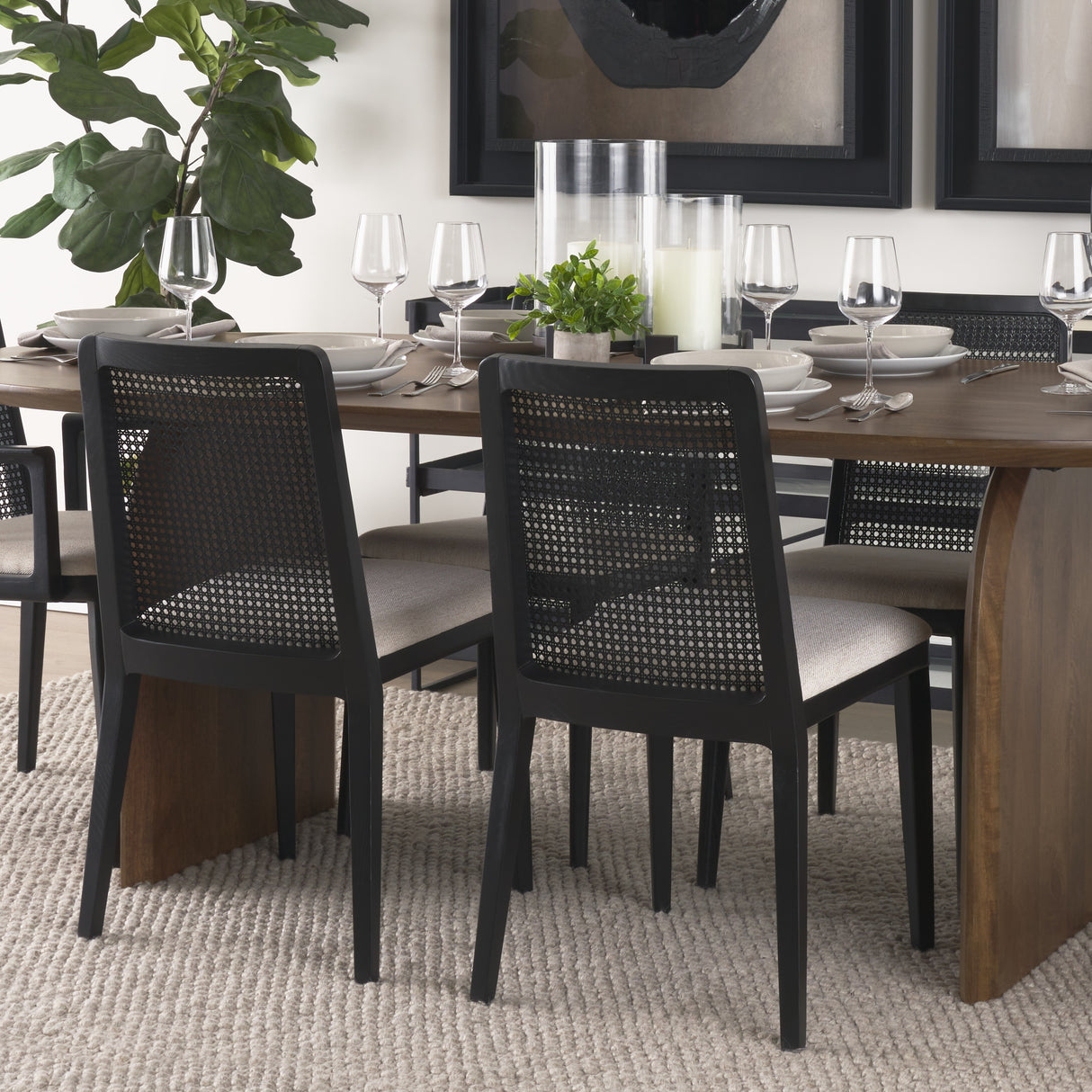Clara Black Beech Wood W/ Cream Fabric Seat and Cane Back Armless Dining Chair, Set of 2