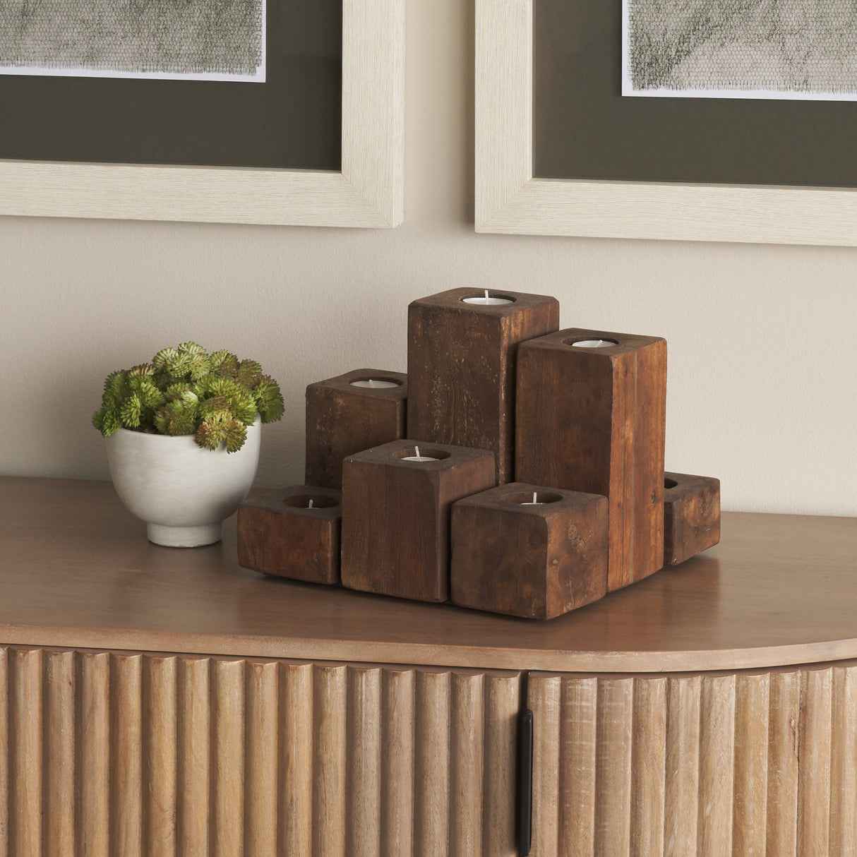 Cassius Light Brown Nine Wood Block Table Candle Holder from Mercana - Luna Furniture