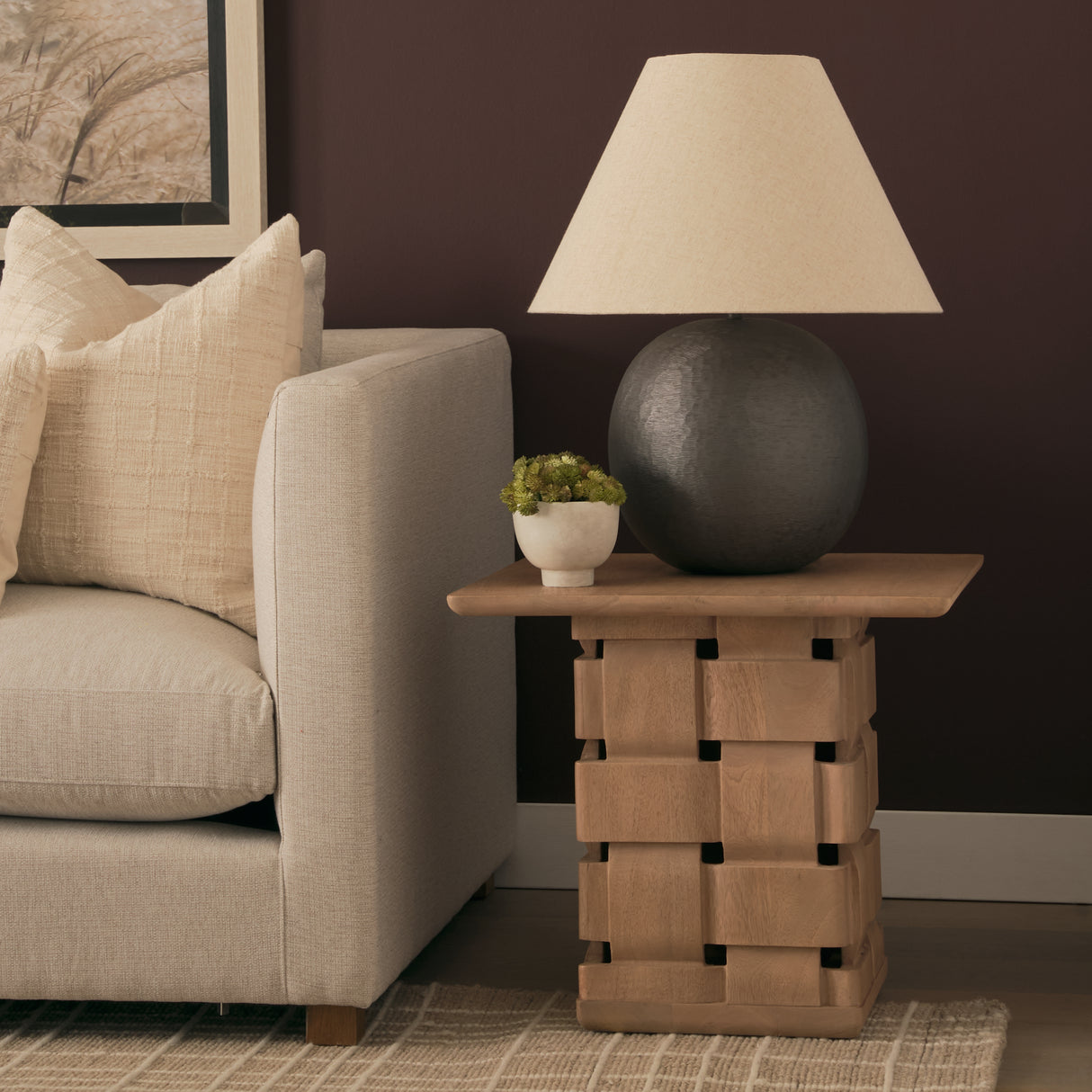 Trellyn Light Brown Wood w/ Carved Woven Base Square Accent Table from Mercana - Luna Furniture