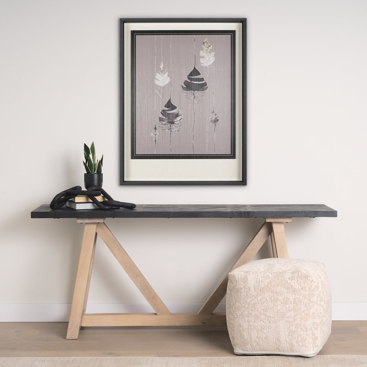Rain of Feather Warm Gray by Mercana Studio Hand Embellished Framed Art Print Matted under Glass from Mercana - Luna Furniture