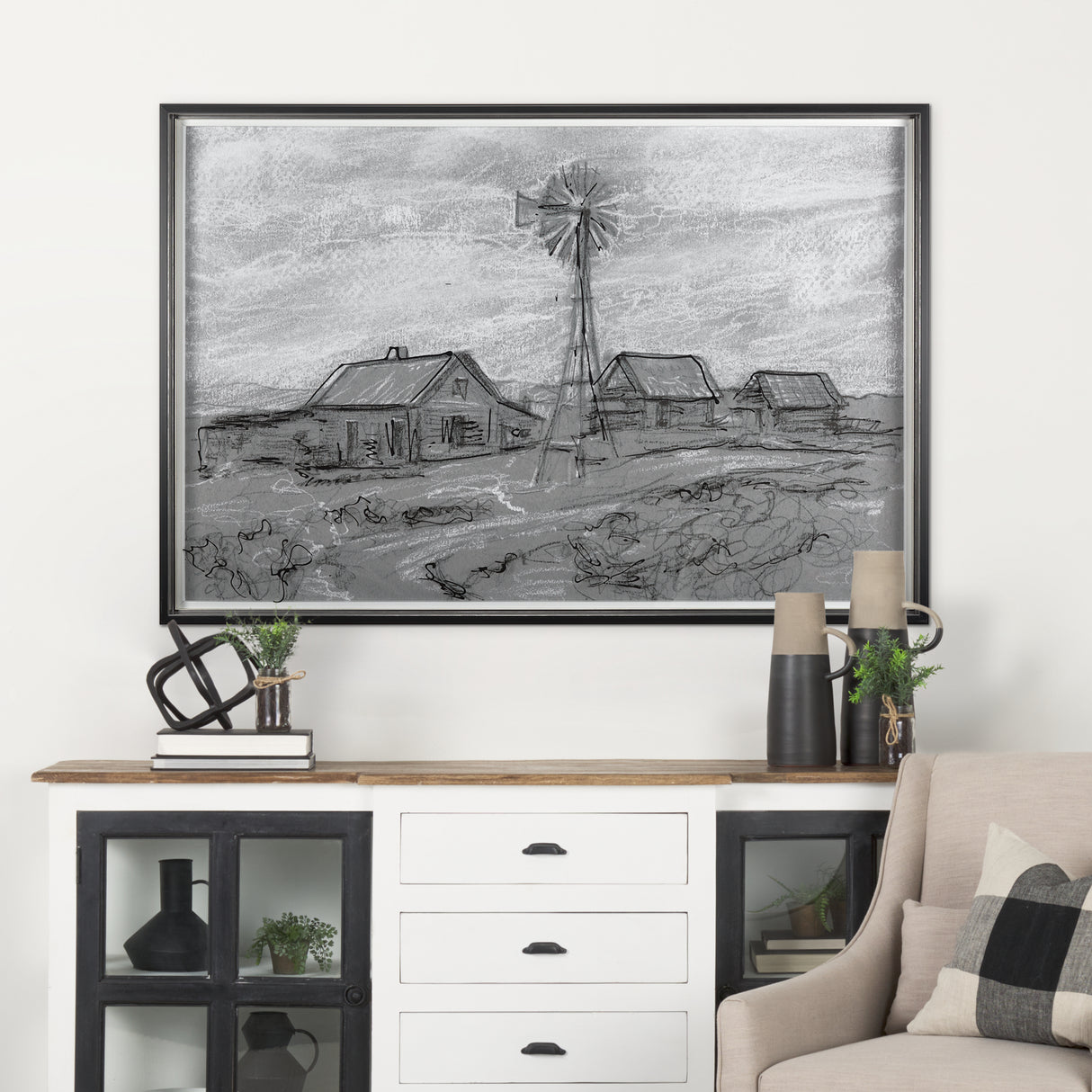 Farm view sketch I by Mercana Studio a Hand Embellished Textured Framed Art Print Matted under Glass from Mercana - Luna Furniture