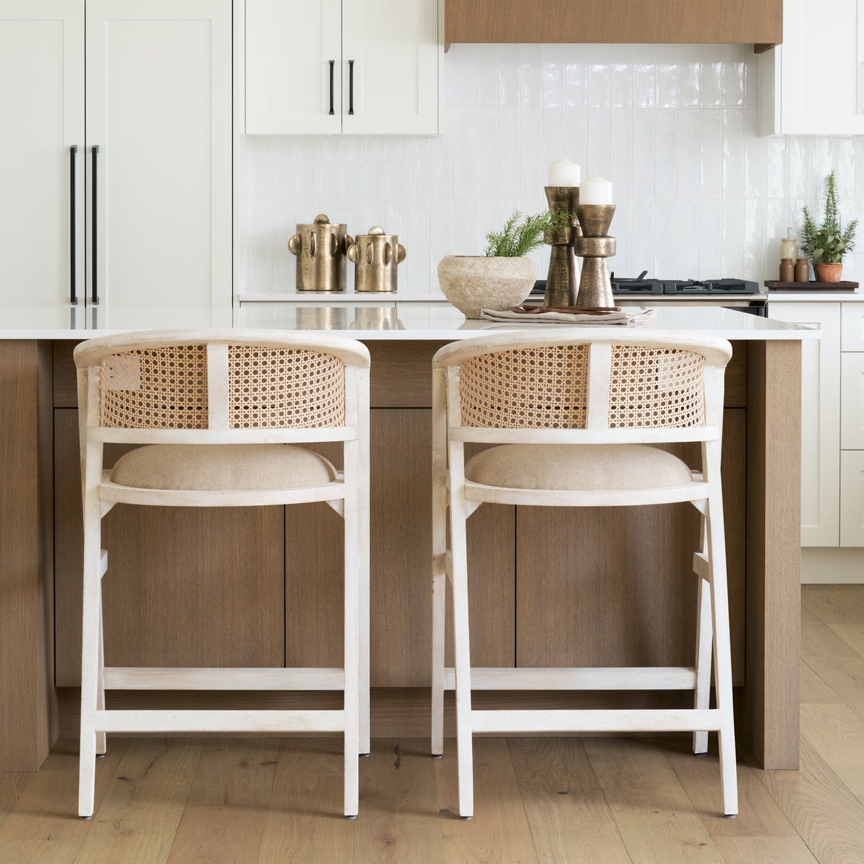 Tabitha 26.75" Seat Height Beige Fabric/Rattan Seat Blonde Wood Frame Counter Stool from Mercana - Luna Furniture