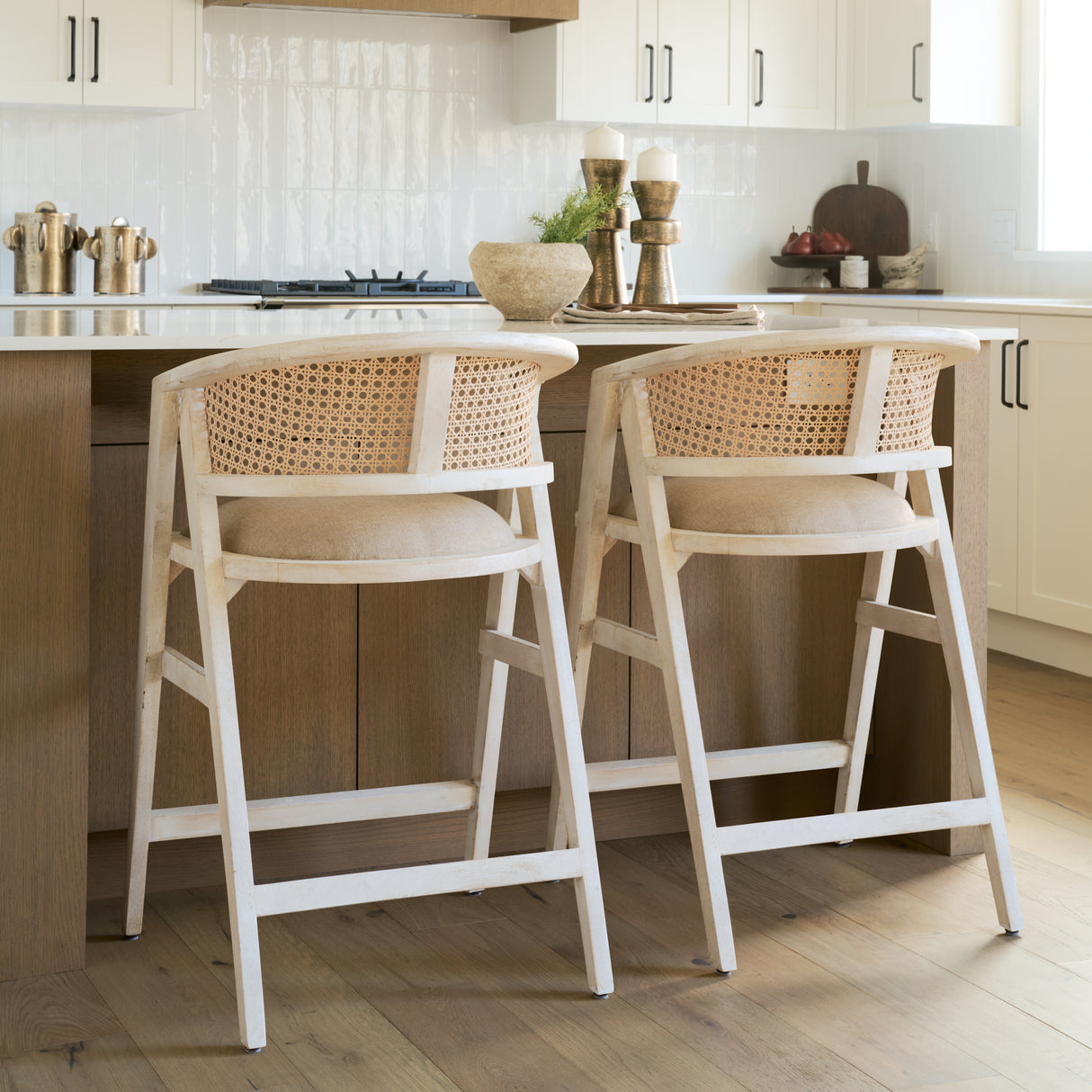 Tabitha 26.75" Seat Height Beige Fabric/Rattan Seat Blonde Wood Frame Counter Stool from Mercana - Luna Furniture