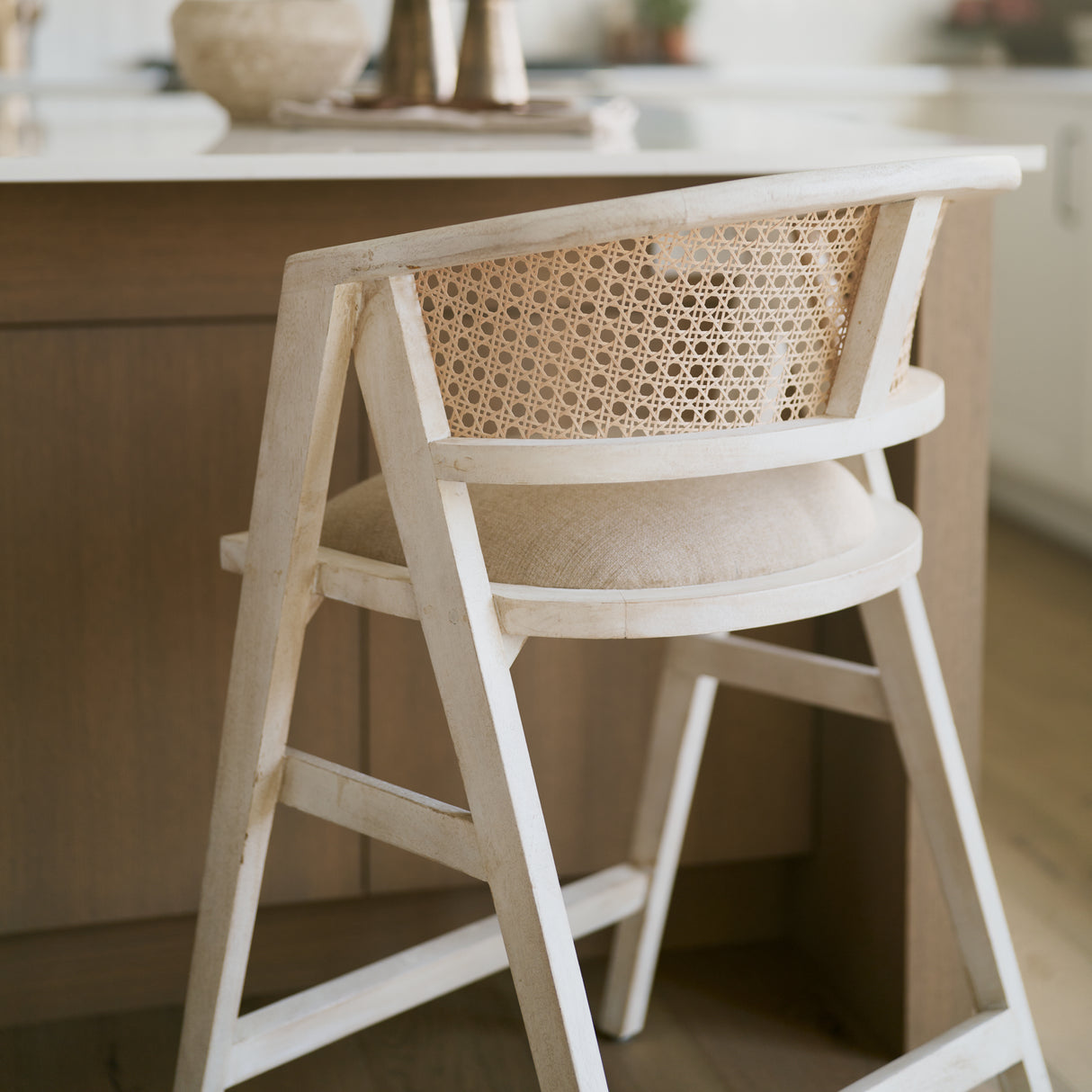 Tabitha 26.75" Seat Height Beige Fabric/Rattan Seat Blonde Wood Frame Counter Stool from Mercana - Luna Furniture