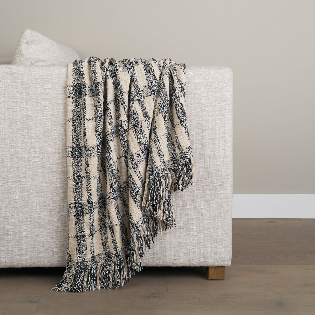 Pendle Cream w/ Woven Black Plaid Pattern Cotton Throw Blanket from Mercana - Luna Furniture