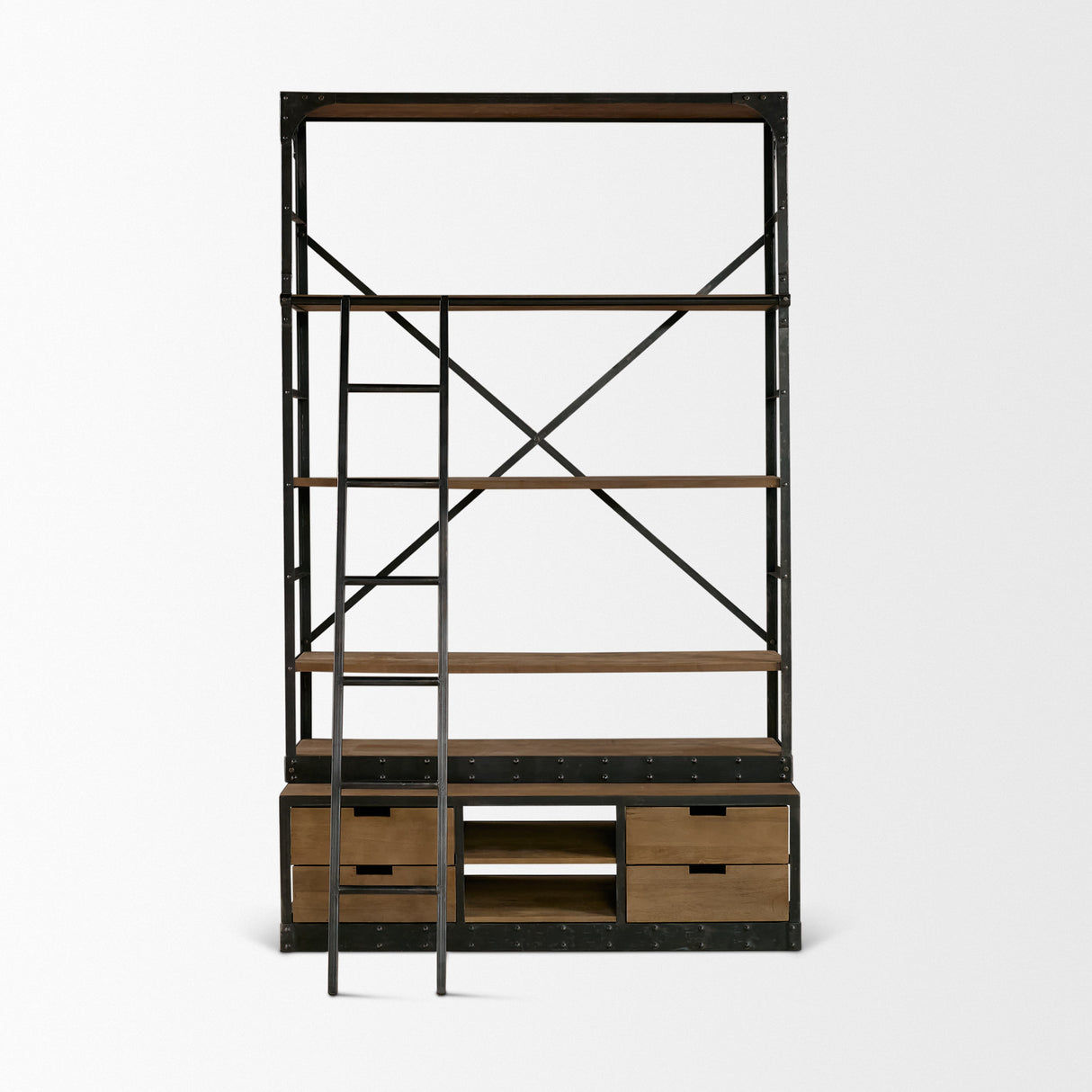 Brodie VIII 57L x 20.5W x 94H Brown Wood Gun-Metal Ladder Four Shelf Shelving Unit from Mercana - Luna Furniture