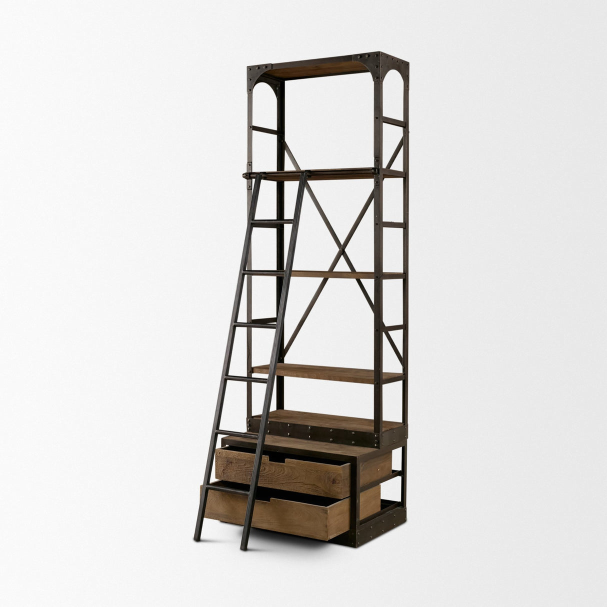 Brodie VII 32L x 22W x 94H Brown Wood Gun-Metal Bracing Four Shelf Shelving Unit from Mercana - Luna Furniture