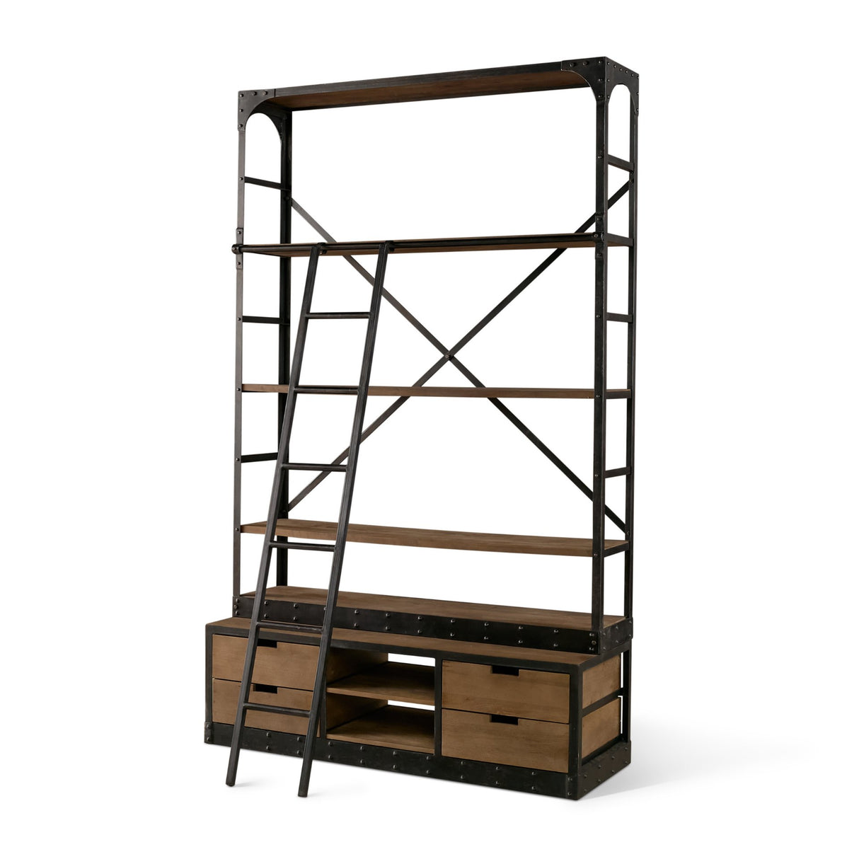 Brodie VIII 57L x 20.5W x 94H Brown Wood Gun-Metal Ladder Four Shelf Shelving Unit from Mercana - Luna Furniture