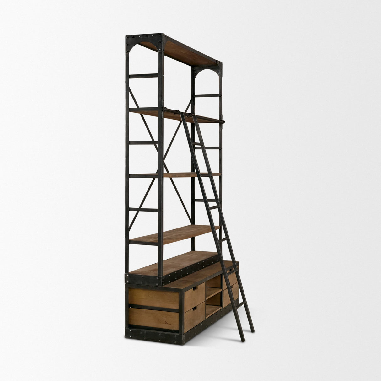 Brodie VIII 57L x 20.5W x 94H Brown Wood Gun-Metal Ladder Four Shelf Shelving Unit from Mercana - Luna Furniture