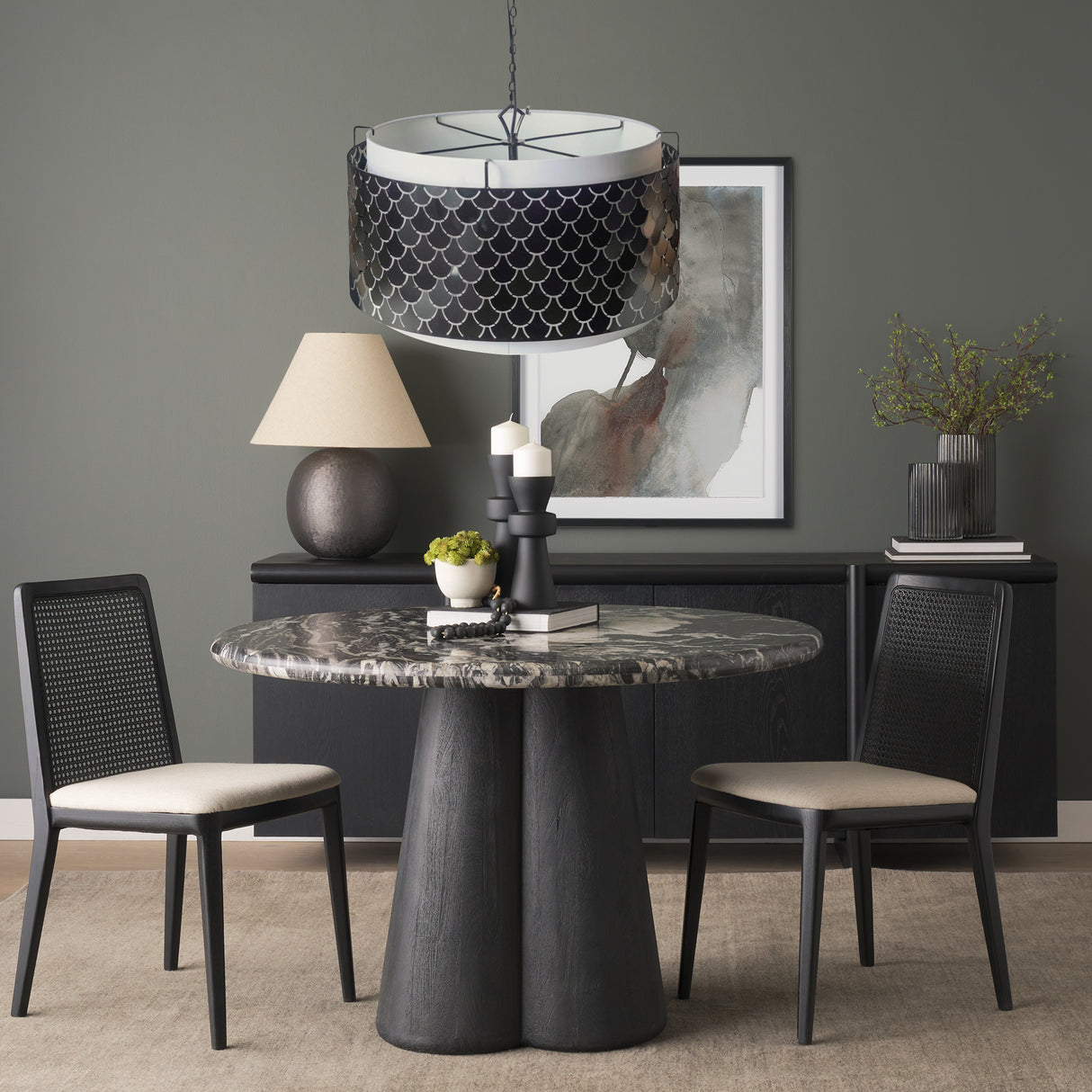 Brasseur I (26"x15") Charcoal Black Metal Fish Scale Three Bulb Chandelier from Mercana - Luna Furniture