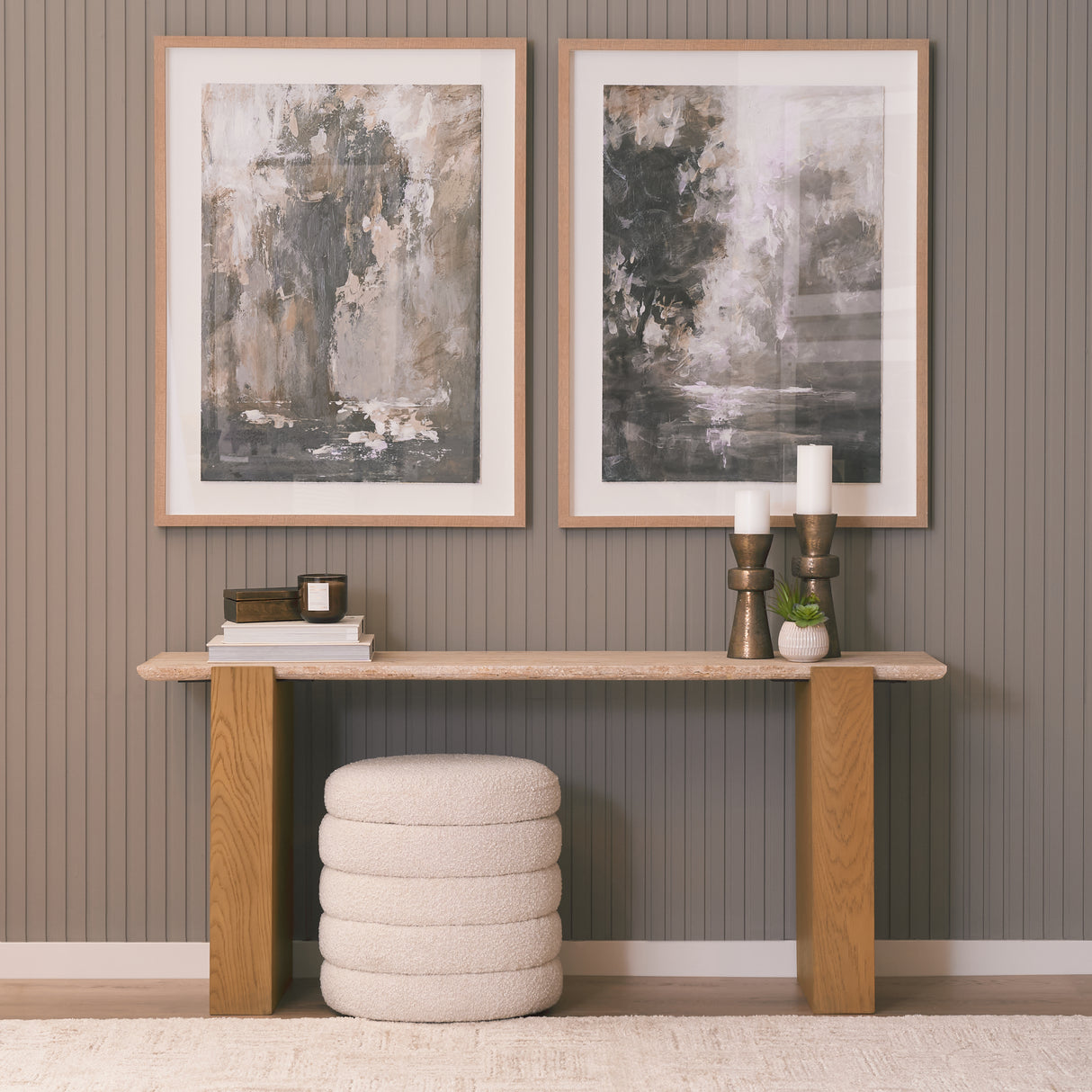 Milos Travertine Top w/ Light Brown Oak Wood Console Table from Mercana - Luna Furniture