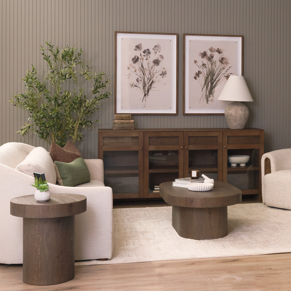 Lyonne Round Medium Brown Oak Wood Pedestal Side Tables from Mercana - Luna Furniture