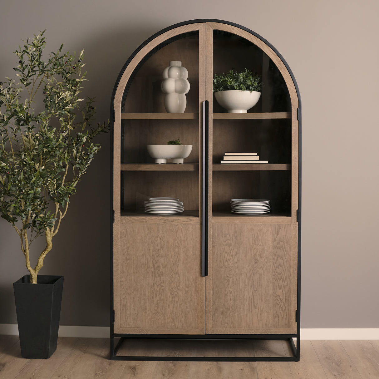 Sloan 47.5W x 80.5H Light Brown W/Black Metal Frame Arched Cabinet from Mercana - Luna Furniture