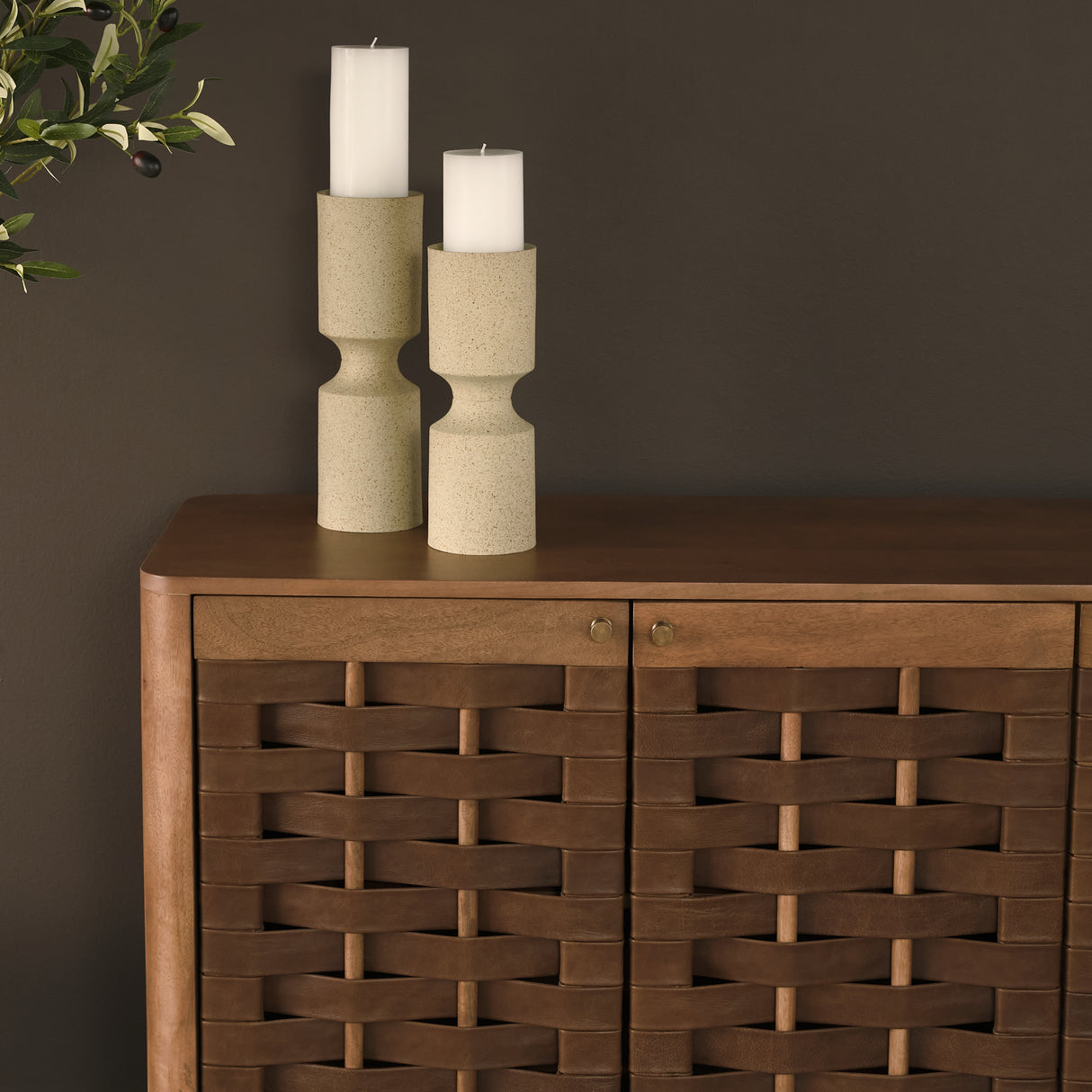 Akira Large Textured Beige Metal Pillar Candle Holder from Mercana - Luna Furniture