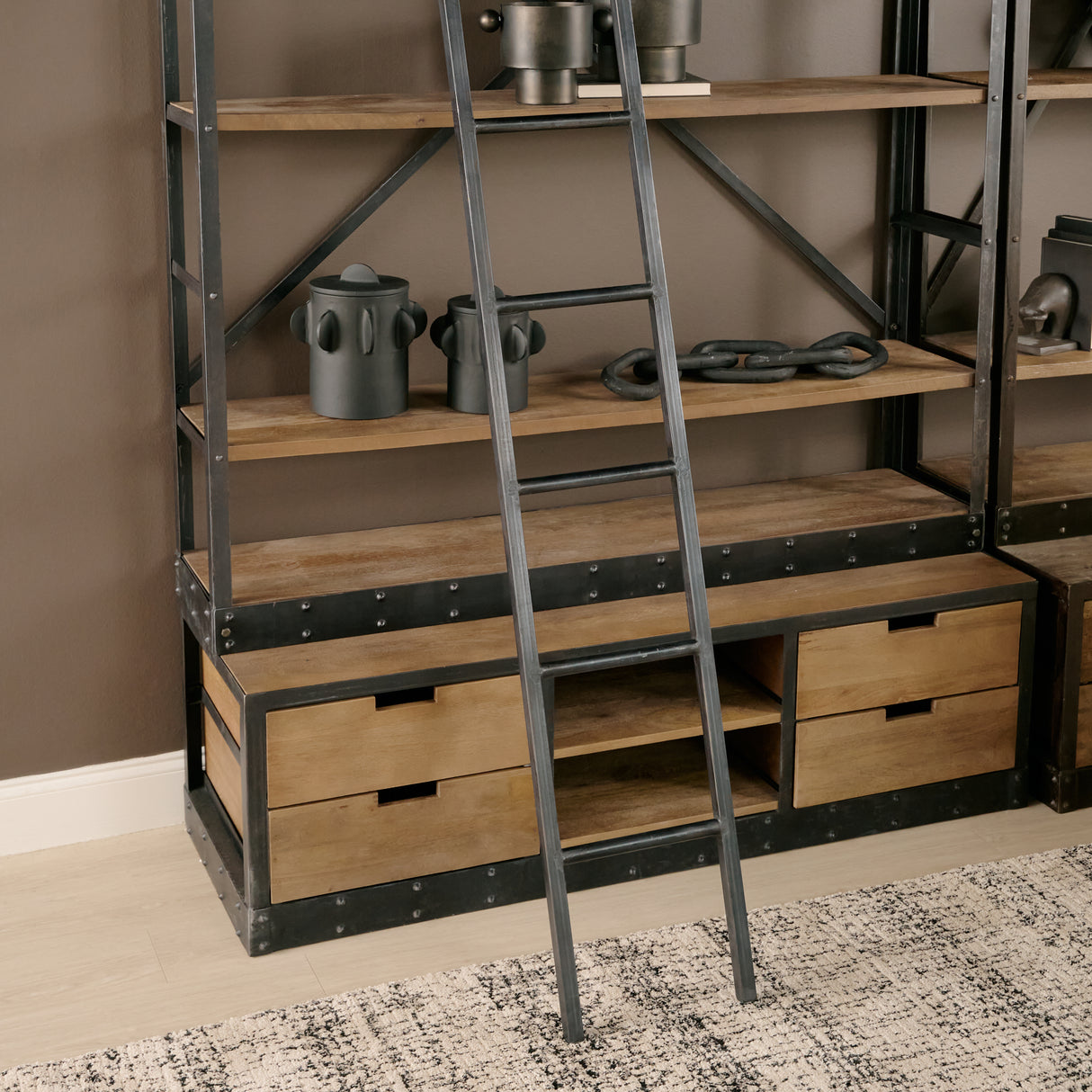 Brodie VIII 57L x 20.5W x 94H Brown Wood Gun-Metal Ladder Four Shelf Shelving Unit from Mercana - Luna Furniture