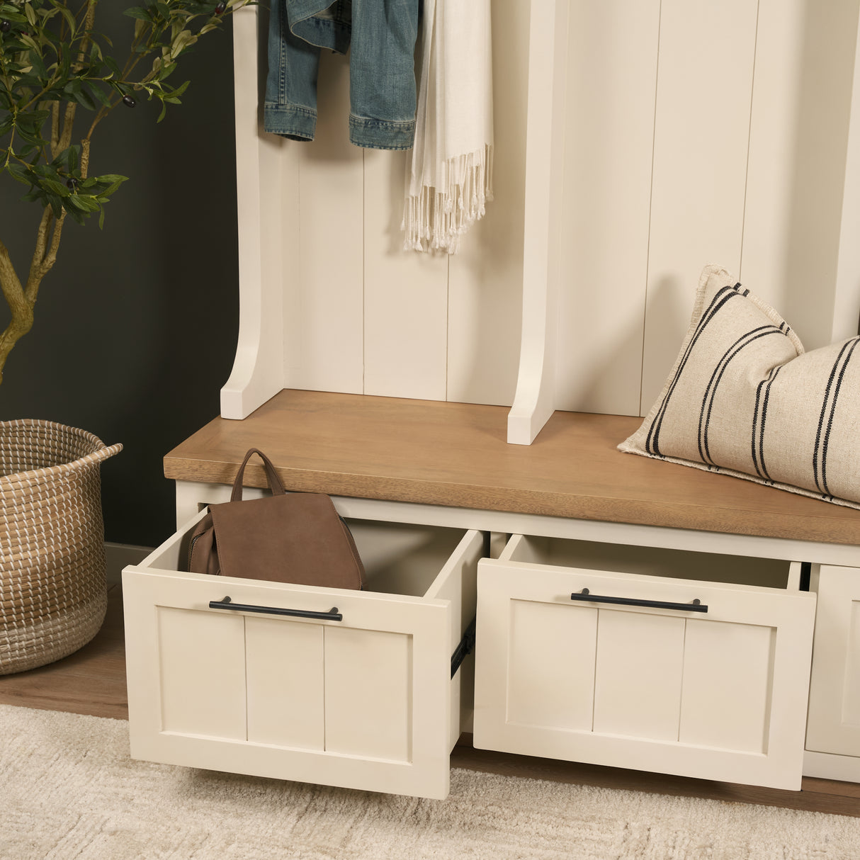 Fairview IV 61L x 17W White And Brown Wood With Storage Hall Tree from Mercana - Luna Furniture