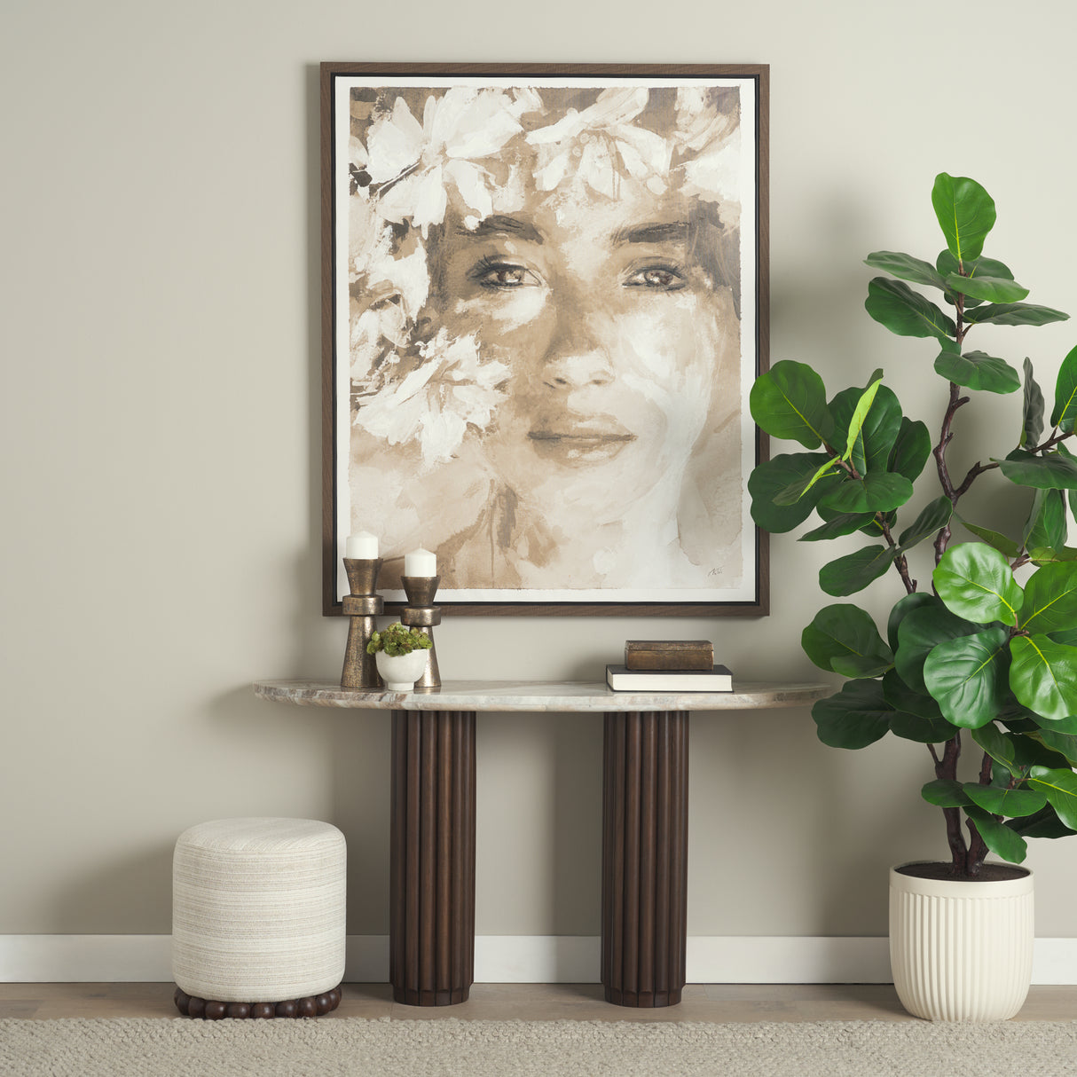 Marbrello Pink Marble Top Dark Brown Fluted Wood Half Moon Console Table Top from Mercana - Luna Furniture