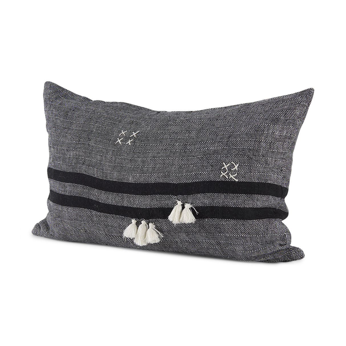 Sibyl 13x21 Black Fabric Striped and White Fringed Pillow Cover w/Down Filler, Set of 2 from Mercana - Luna Furniture