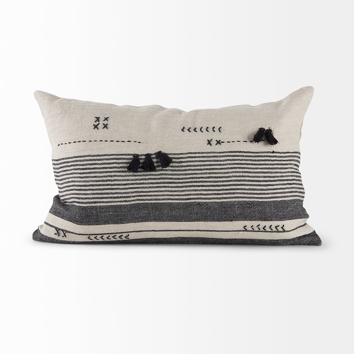 Thalia 13x21 Black and Beige Fabric Striped w/Fringe Pillow Cover w/Down Filler, Set of 2 from Mercana - Luna Furniture