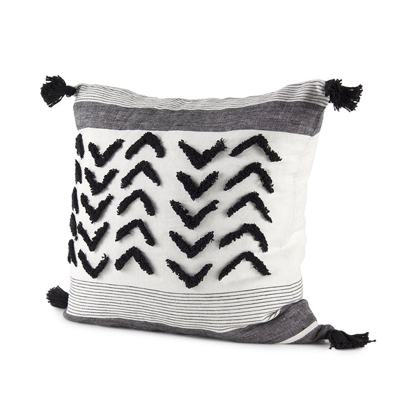 Kimia 20x20 White/Black Fabric Fringed Pillow Cover w/Non-Allergen Filler, Set of 2