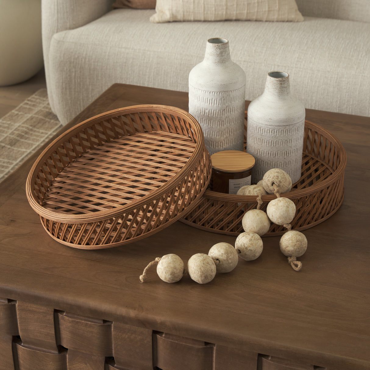 Thala Medium Brown Round Wicker Tray (Set of 2) from Mercana - Luna Furniture
