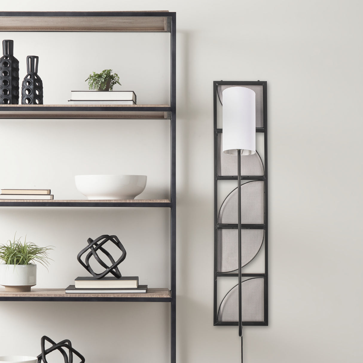 Navin 10x46.5 Black Metal Body White Fabric Shade Rectangular Wall Sconce from Mercana - Luna Furniture