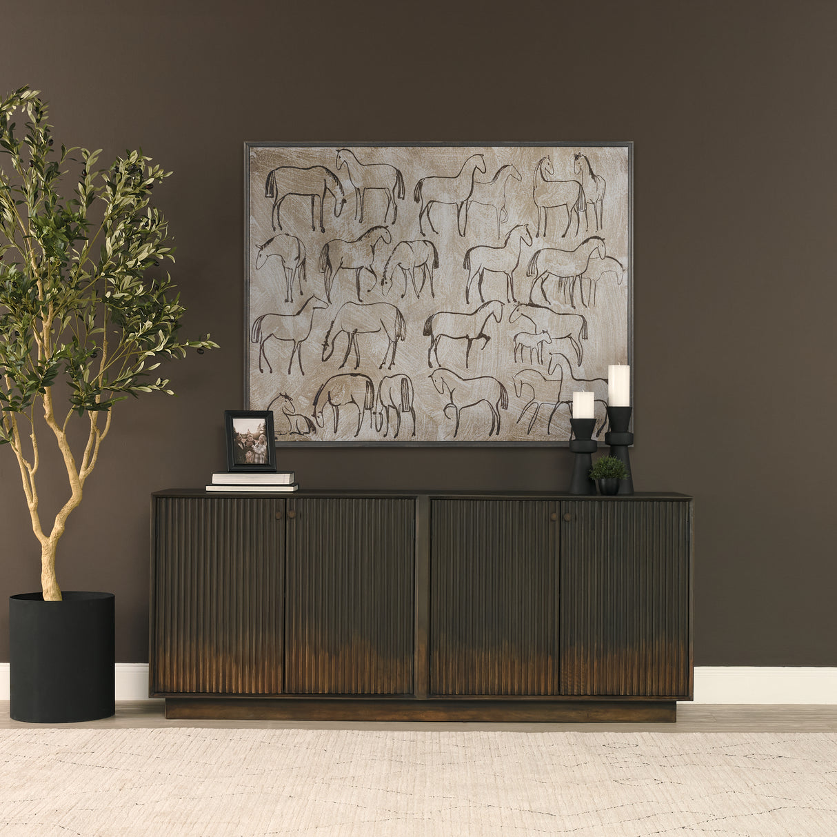 Cinder Distressed Dark Brown Wood Reeded 4-Door Closed Sideboard from Mercana - Luna Furniture