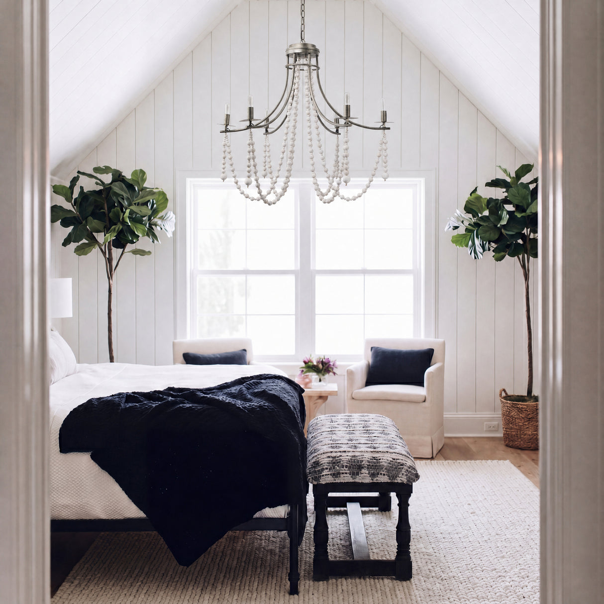 Selma White Wood Bead and Metal Chandelier from Mercana - Luna Furniture